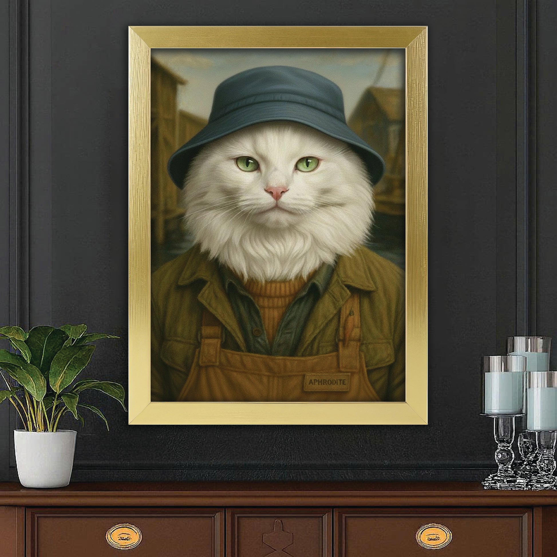 Custom Photo Fisherman Cat Canvas Framed Wall Art  Gift For Cat Lovers
