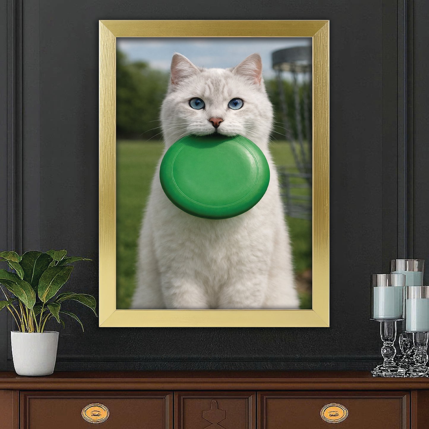 Custom Photo Disc Golf Cat Canvas Framed Wall Art  Gift For Cat Lovers
