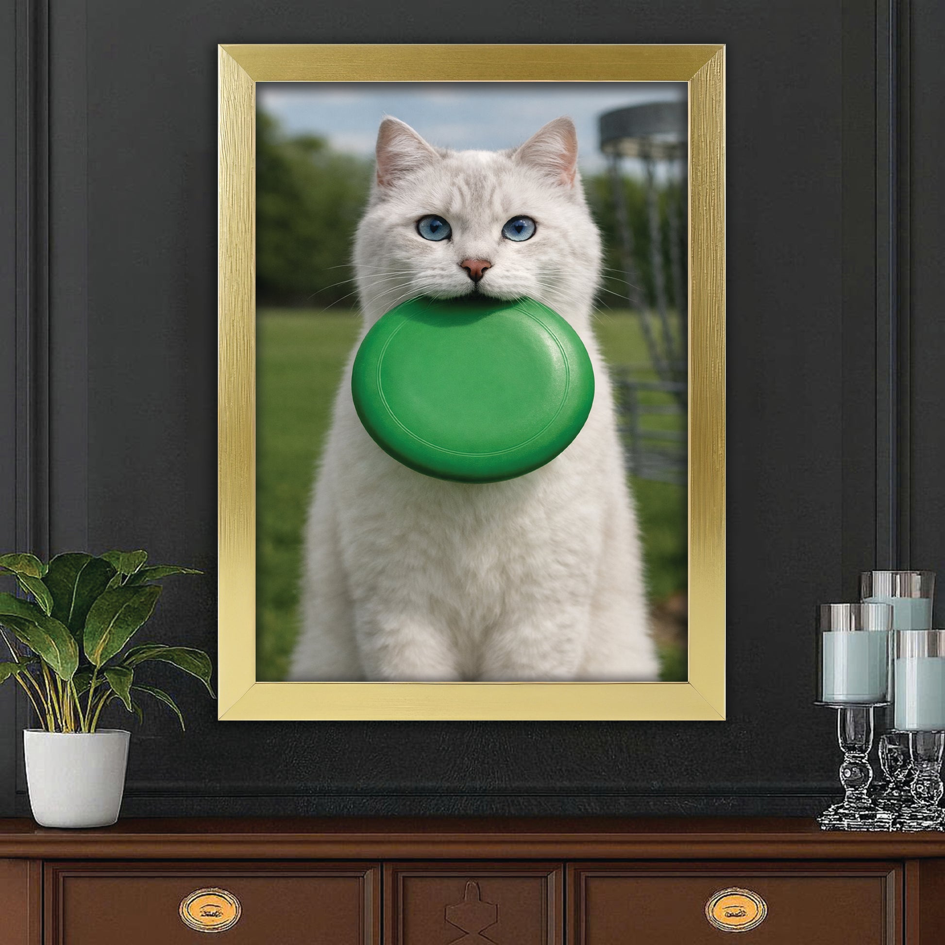 Custom Photo Disc Golf Cat Canvas Framed Wall Art  Gift For Cat Lovers