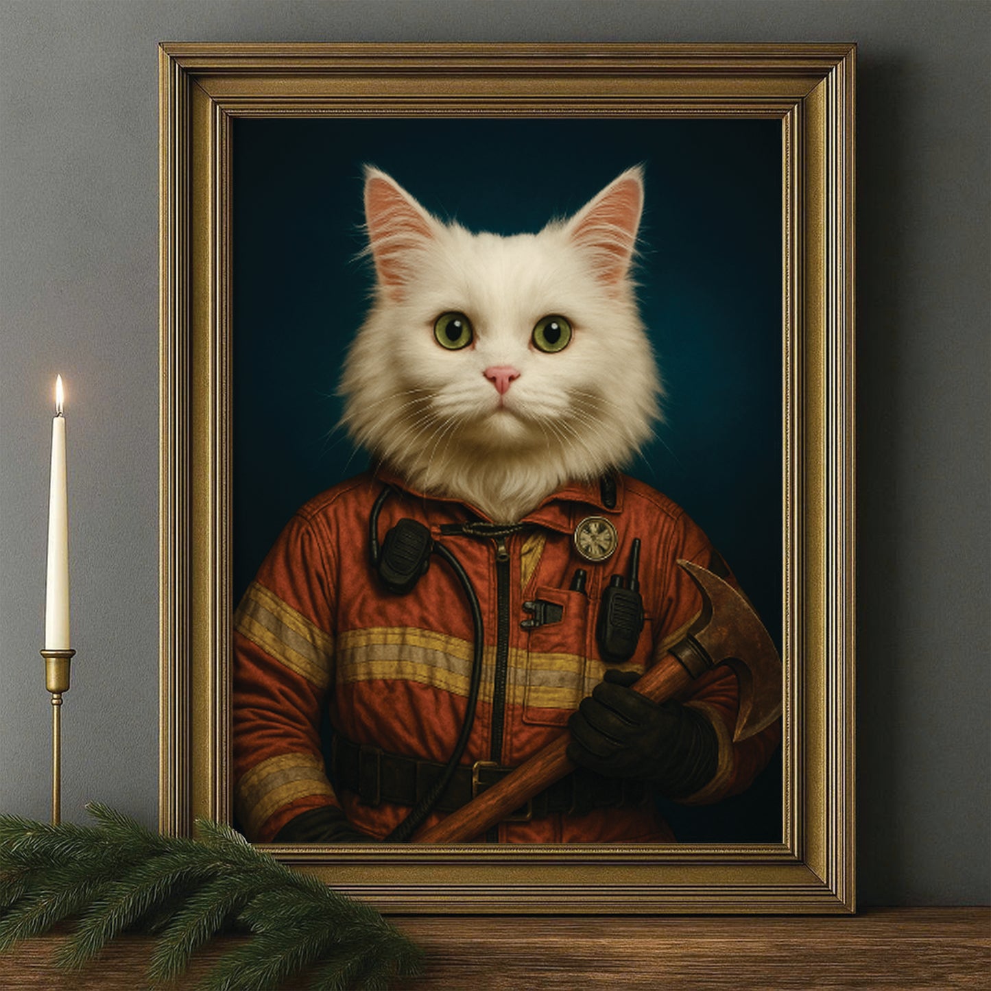 Custom Cat Photo Firefighter Canvas Framed Wall Art _ Gift For Cat Lovers