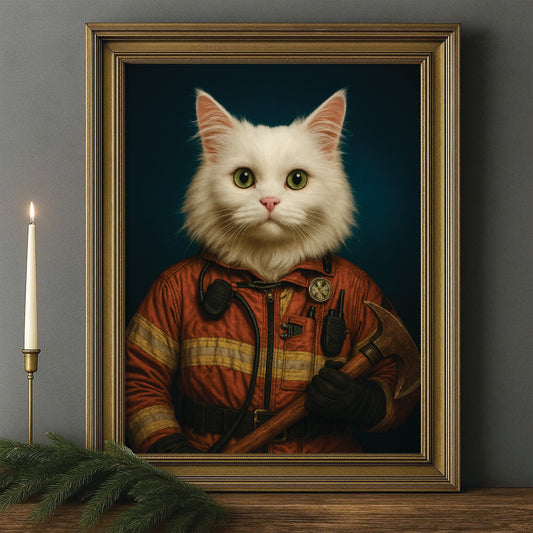 Custom Cat Photo Firefighter Canvas Framed Wall Art _ Gift For Cat Lovers