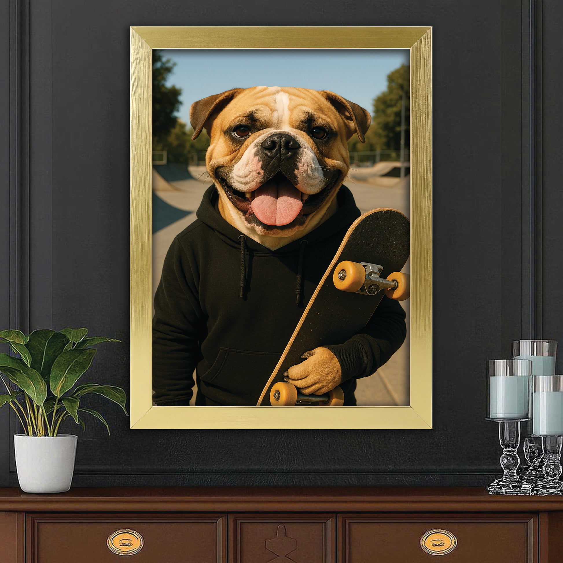 Custom Photo Skater Skateboard Canvas Framed Wall Art Gift For Dog Lovers
