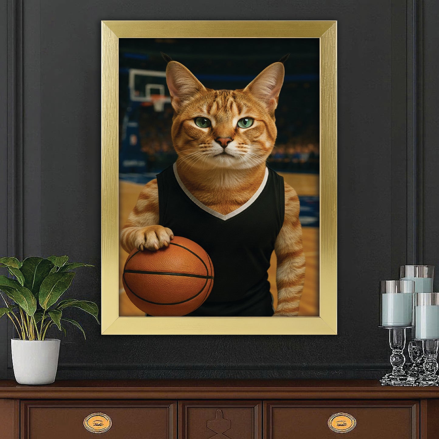 Custom Photo Basketball Player Cat Canvas Framed Wall Art Gift For Cat Lovers