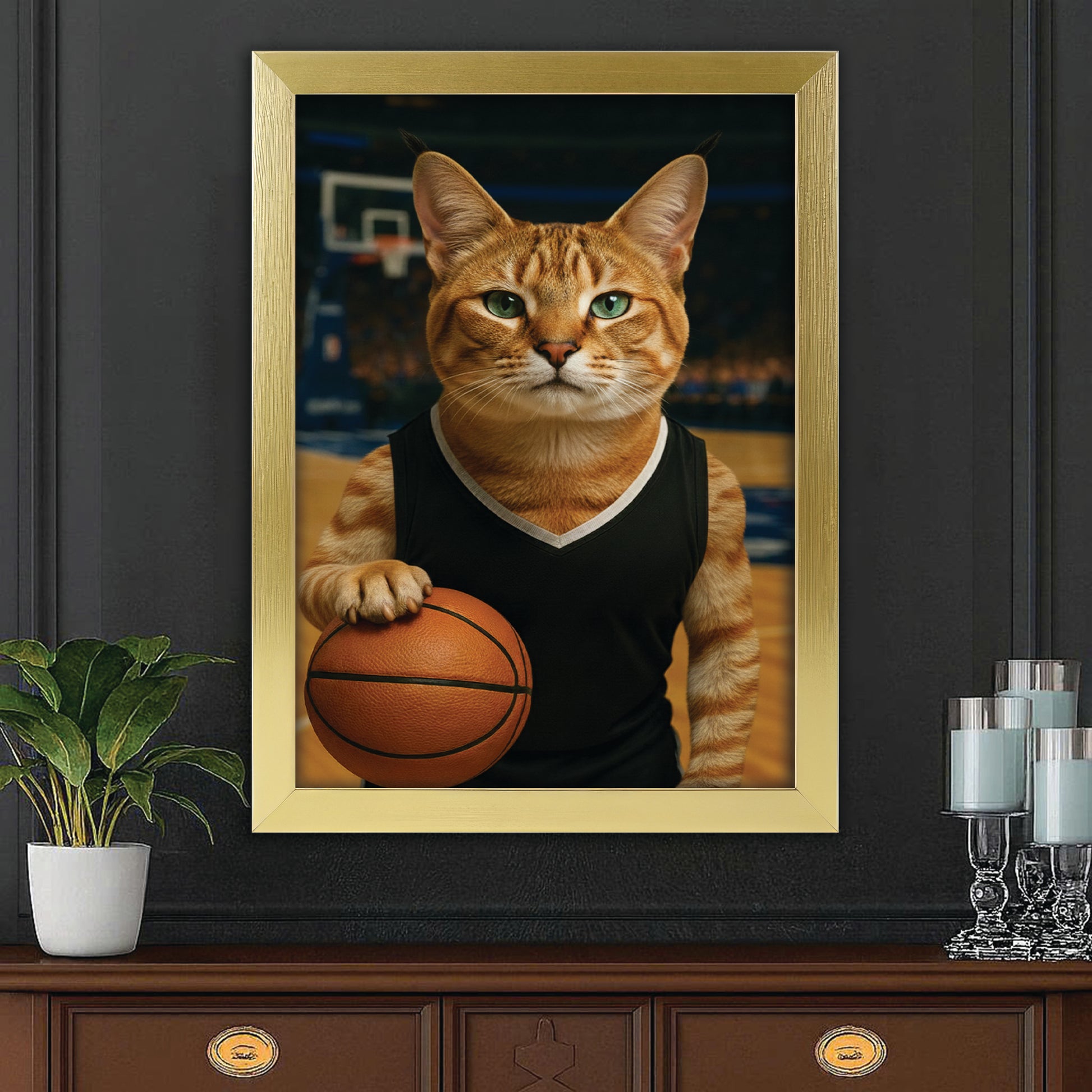 Custom Photo Basketball Player Cat Canvas Framed Wall Art Gift For Cat Lovers