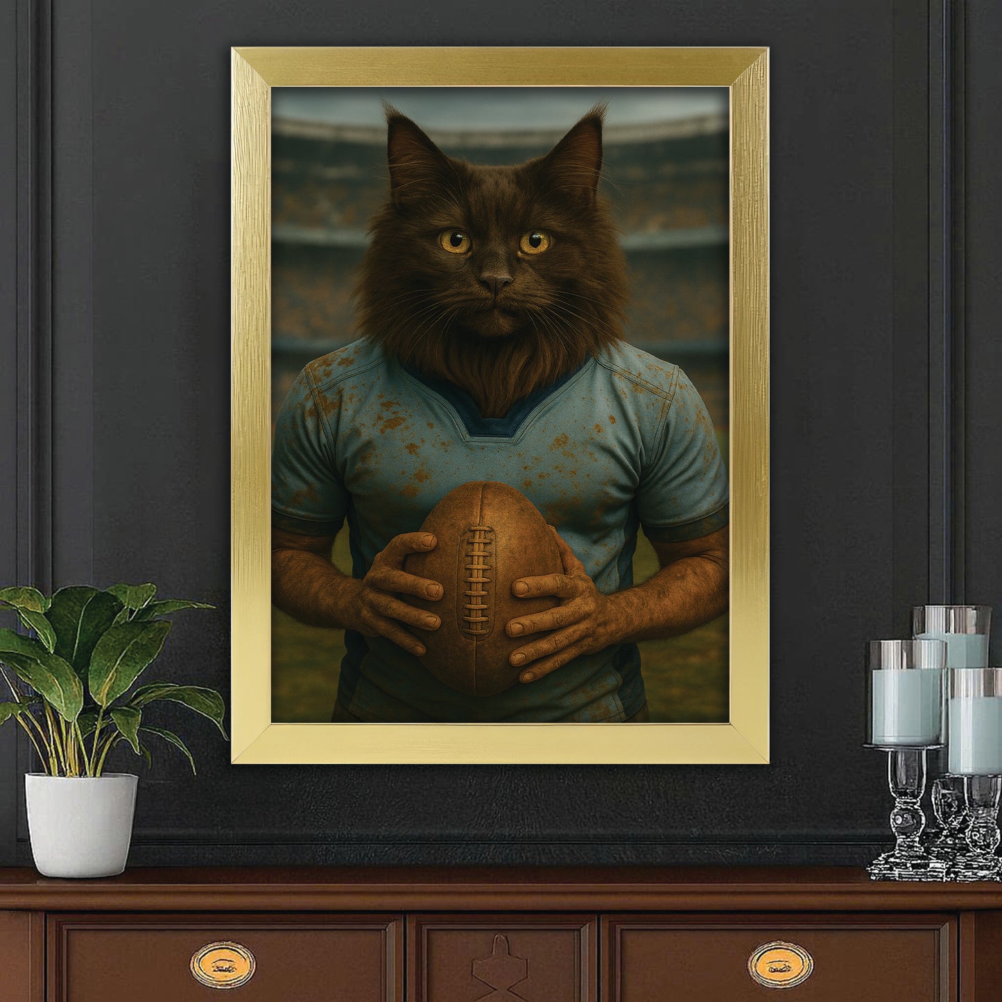 Custom Photo Rugby Cat Canvas Framed Wall Art Gift For Cat Lovers
