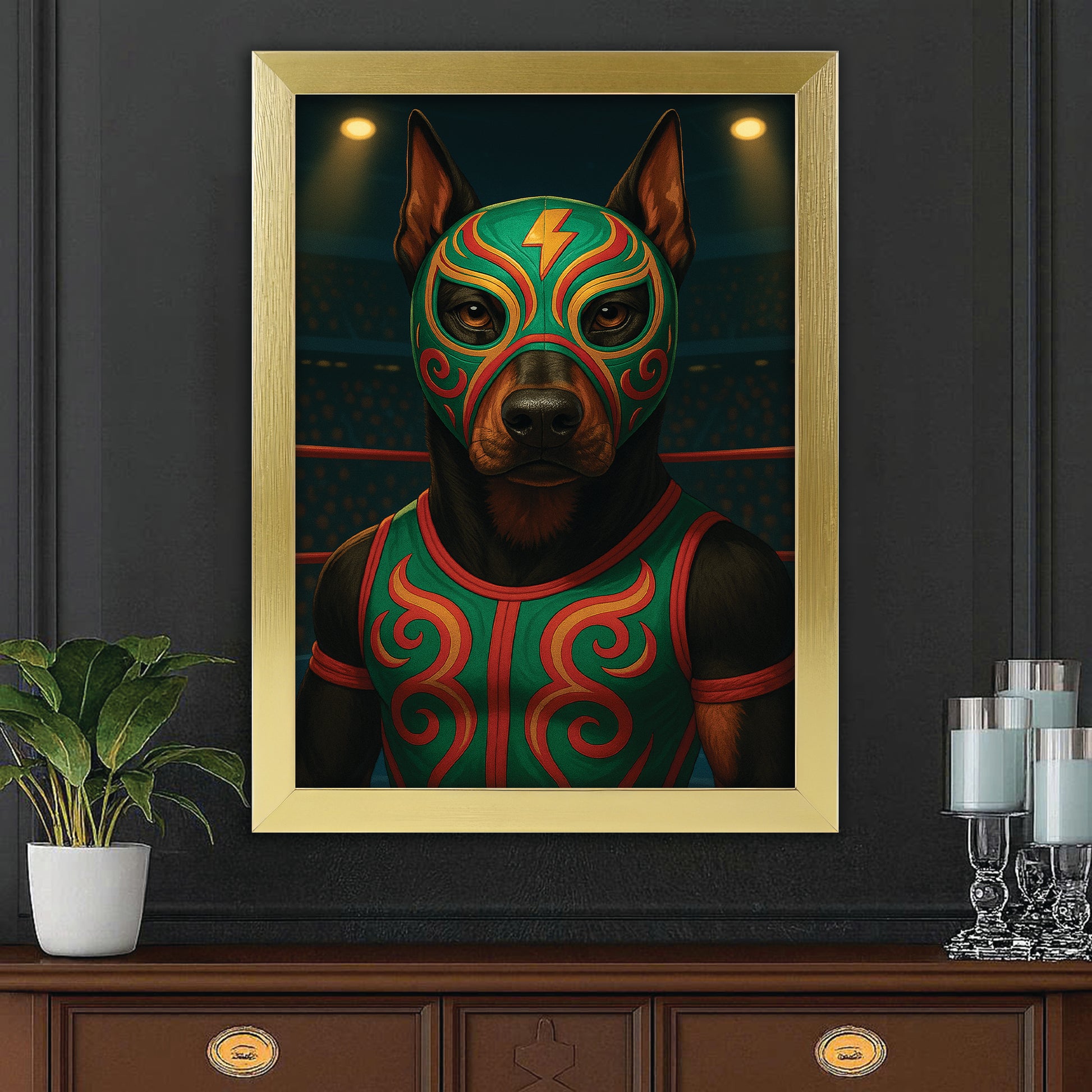 Custom Photo Lucha Libre Wrestler Mask Dog Canvas Framed Wall Art Gift For Dog Lovers