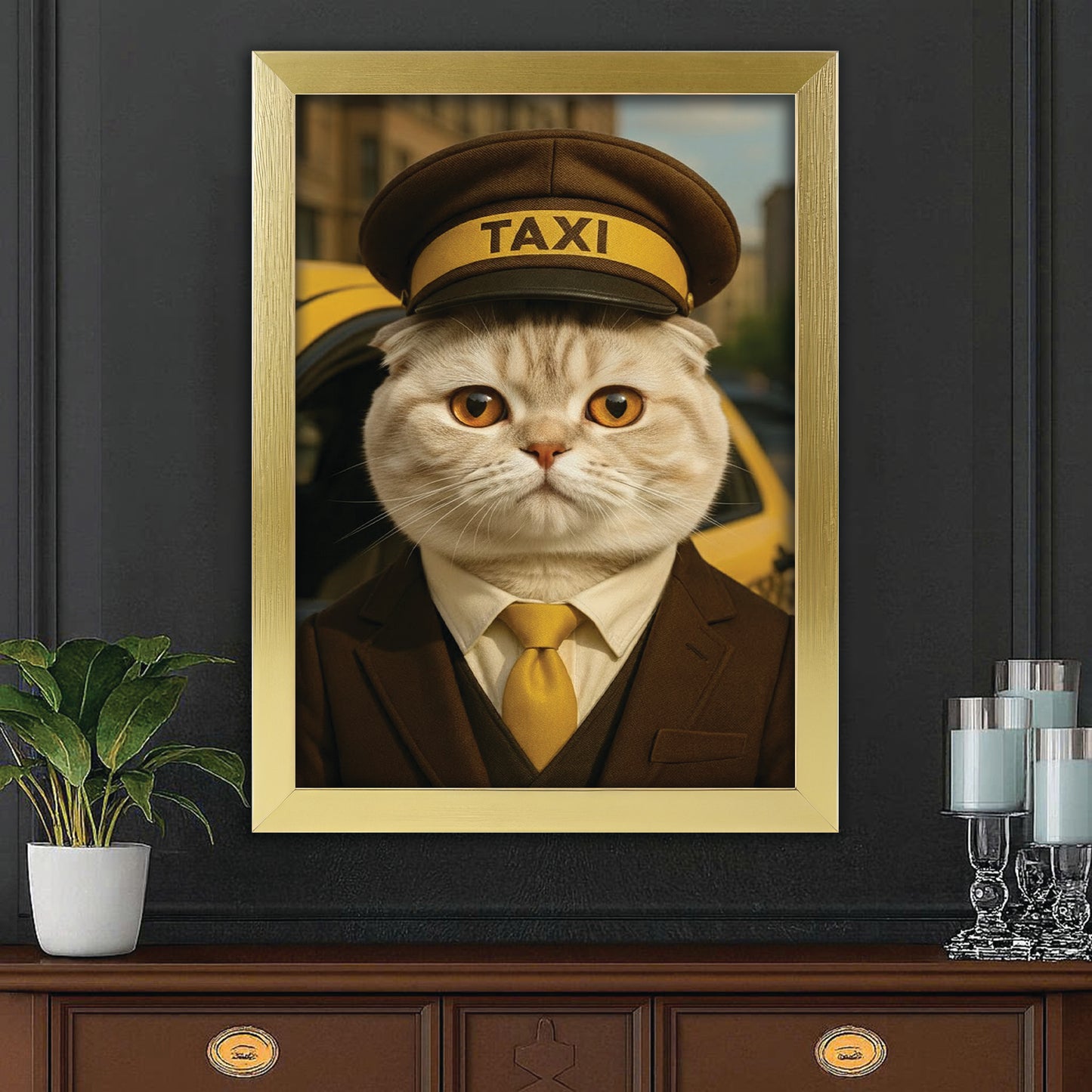 Custom Photo Taxi Driver Cat Canvas Framed Wall Art Gift For Cat Lovers
