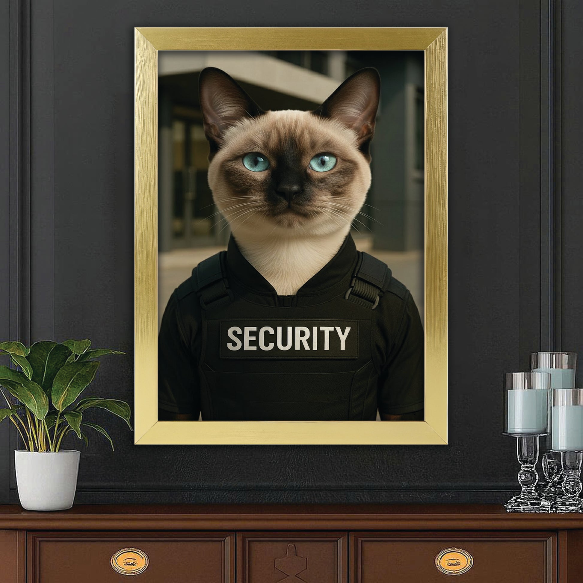 Custom Photo Security Guard Cat Canvas Framed Wall Art Gift For Cat Lovers