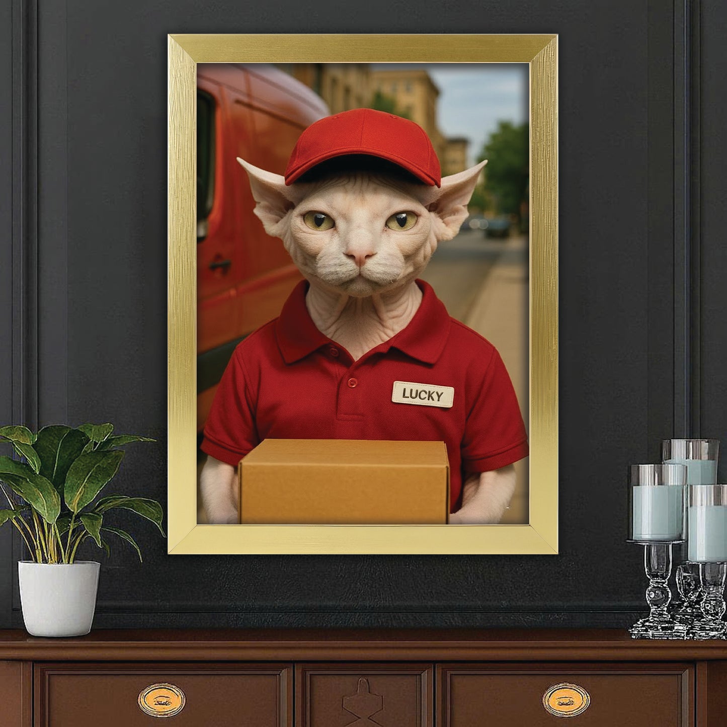 Custom Photo Courier Delivery Canvas Framed Wall Art Gift For Cat Lovers