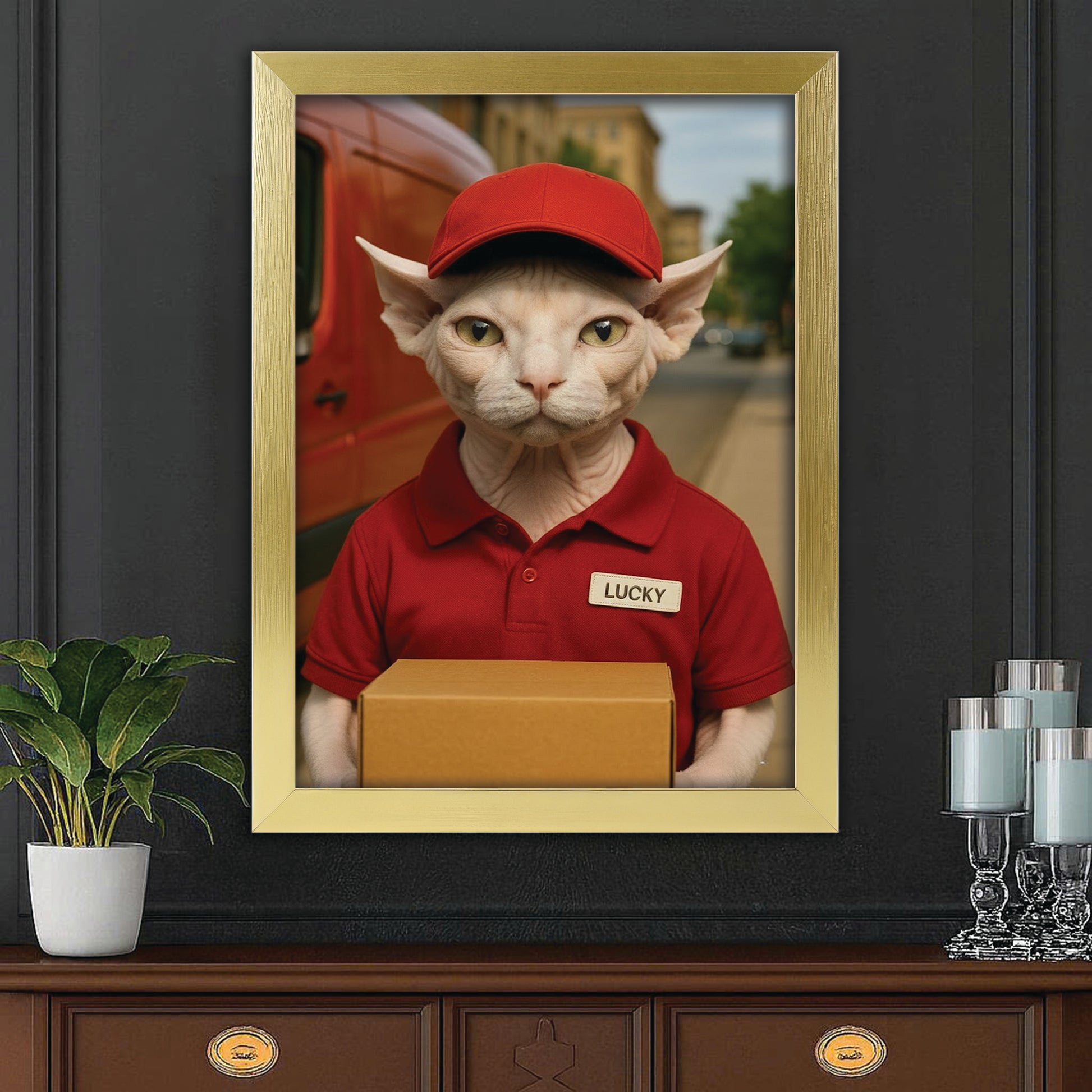 Custom Photo Courier Delivery Canvas Framed Wall Art Gift For Cat Lovers