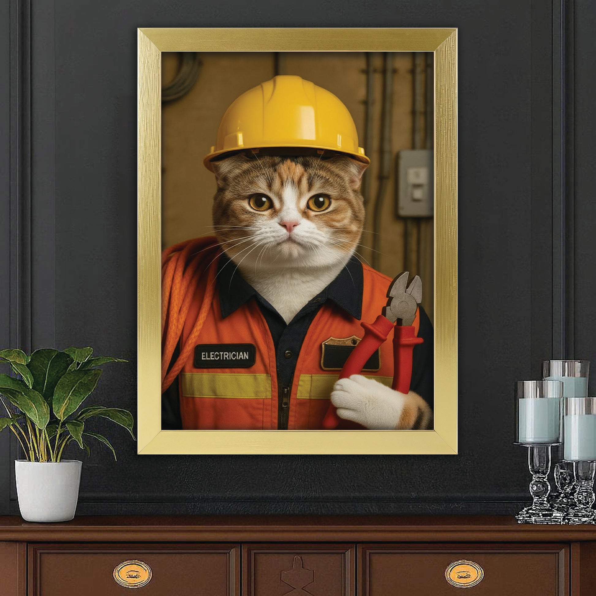 Custom Photo Electrician Cat Canvas Framed Wall Art  Gift For Cat Lovers