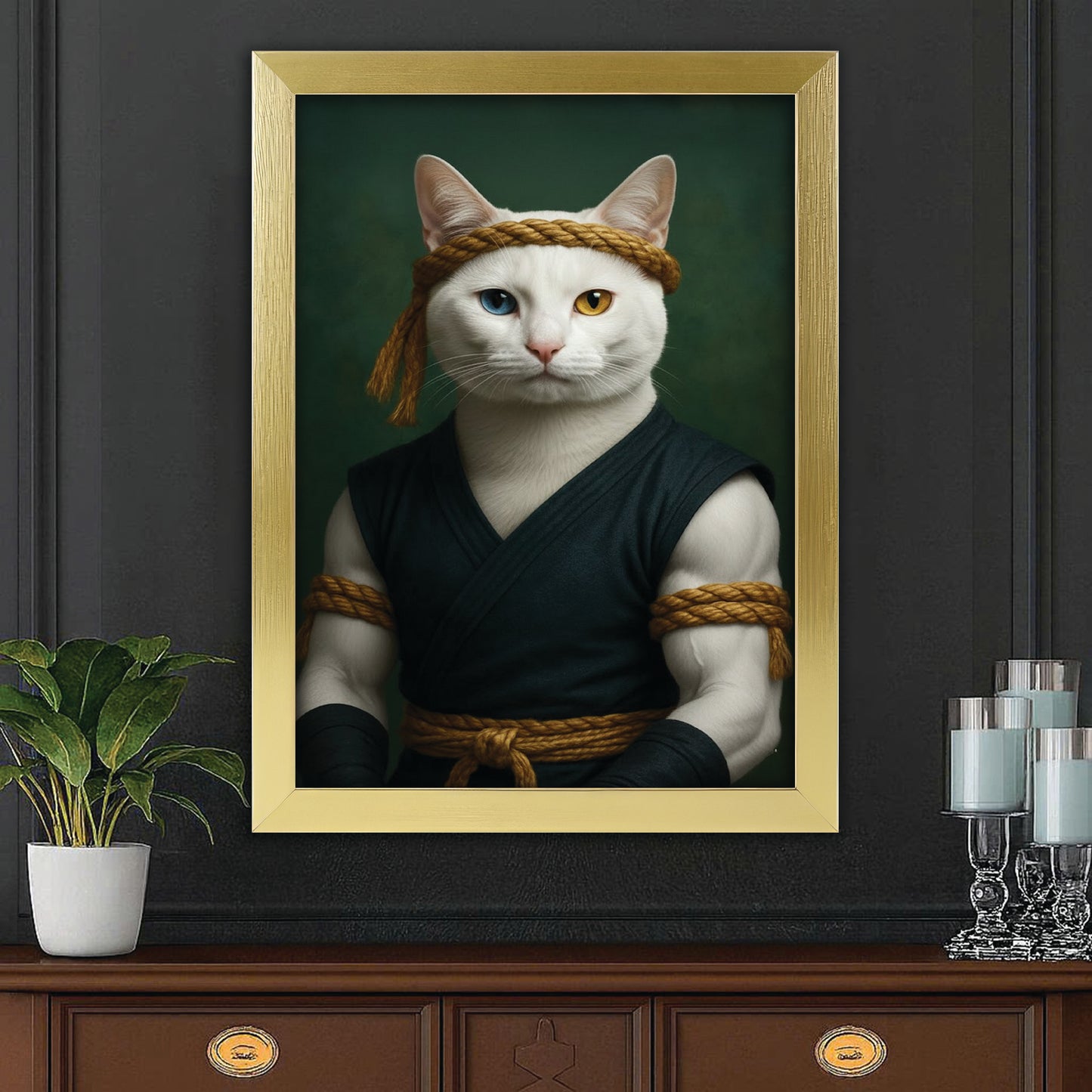 Custom Photo Fighter Warrior Art Cat Canvas Framed Wall Art  Gift For Cat Lovers