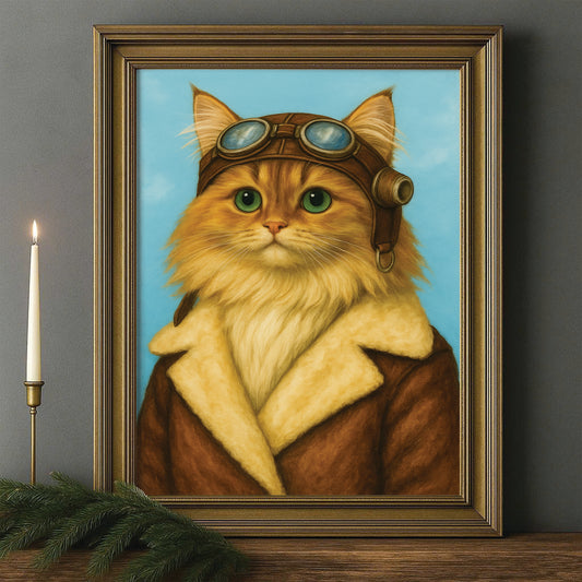 Custom Photo Portrait Pilot Canvas Framed Wall Art Gift For Cat Lovers