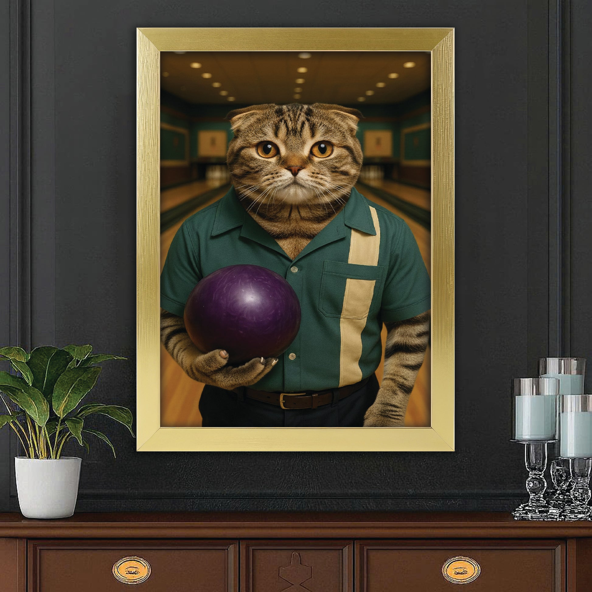 Custom Photo Bowling Cat Canvas Framed Wall Art Gift For Cat Lovers