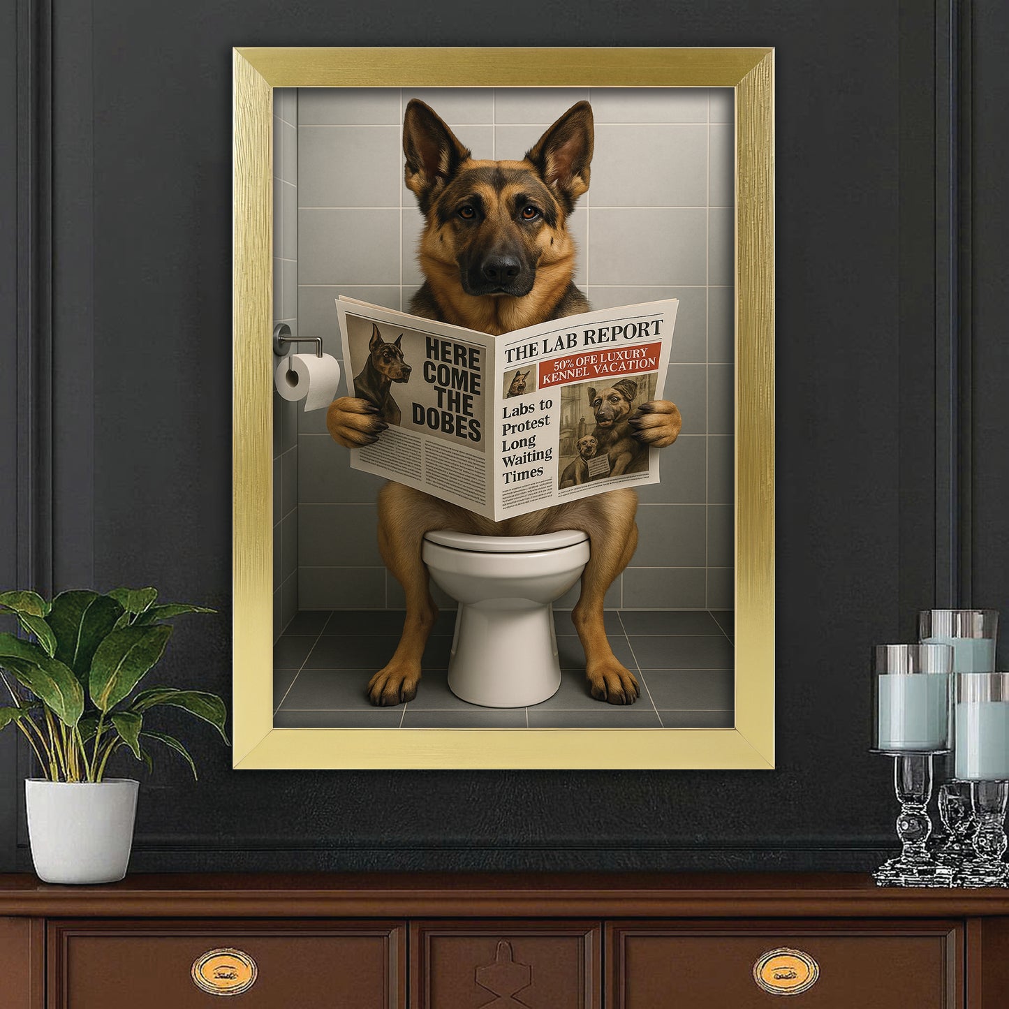 Custom Photo Dog Bathroom Canvas Framed Wall Art Style 03 Gift For Dog Lovers