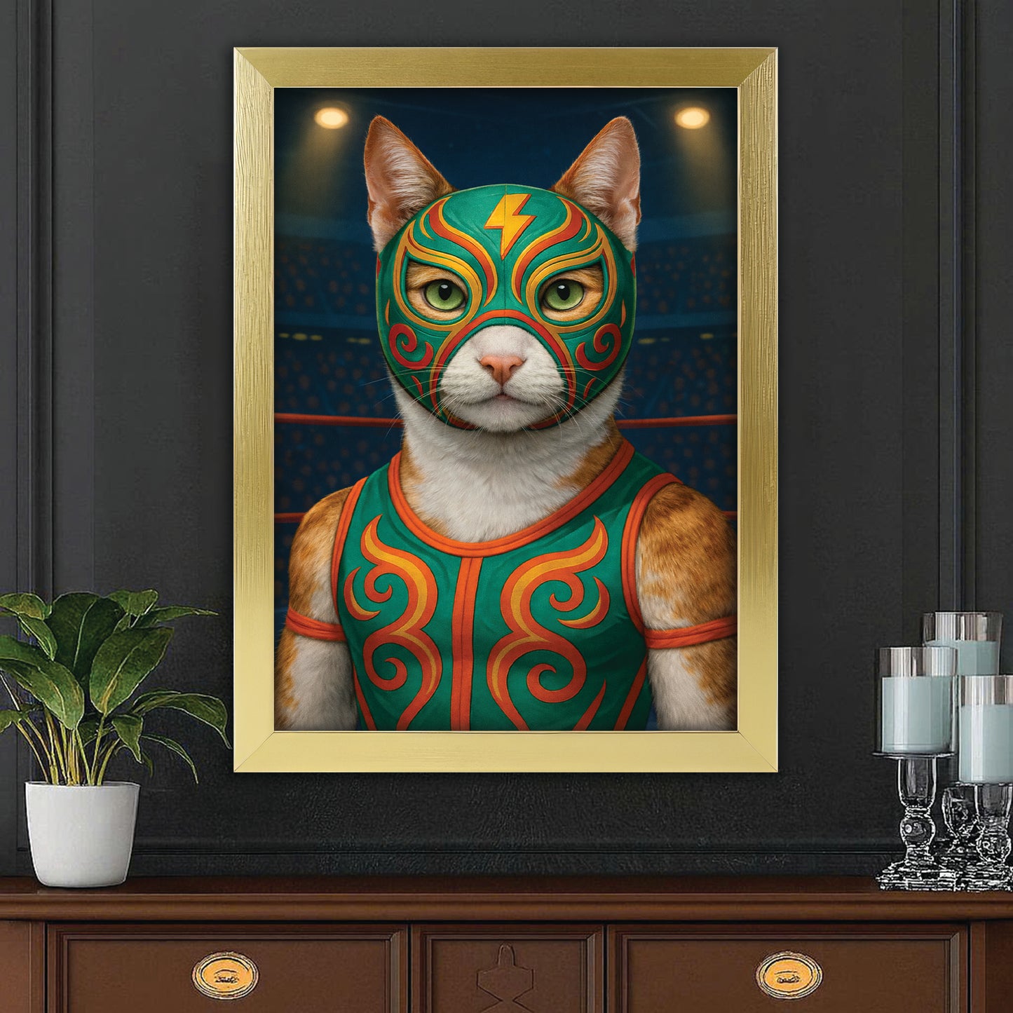 Custom Photo Lucha Libre Wrestler Mask Cat Canvas Framed Wall Art Gift For Cat Lovers