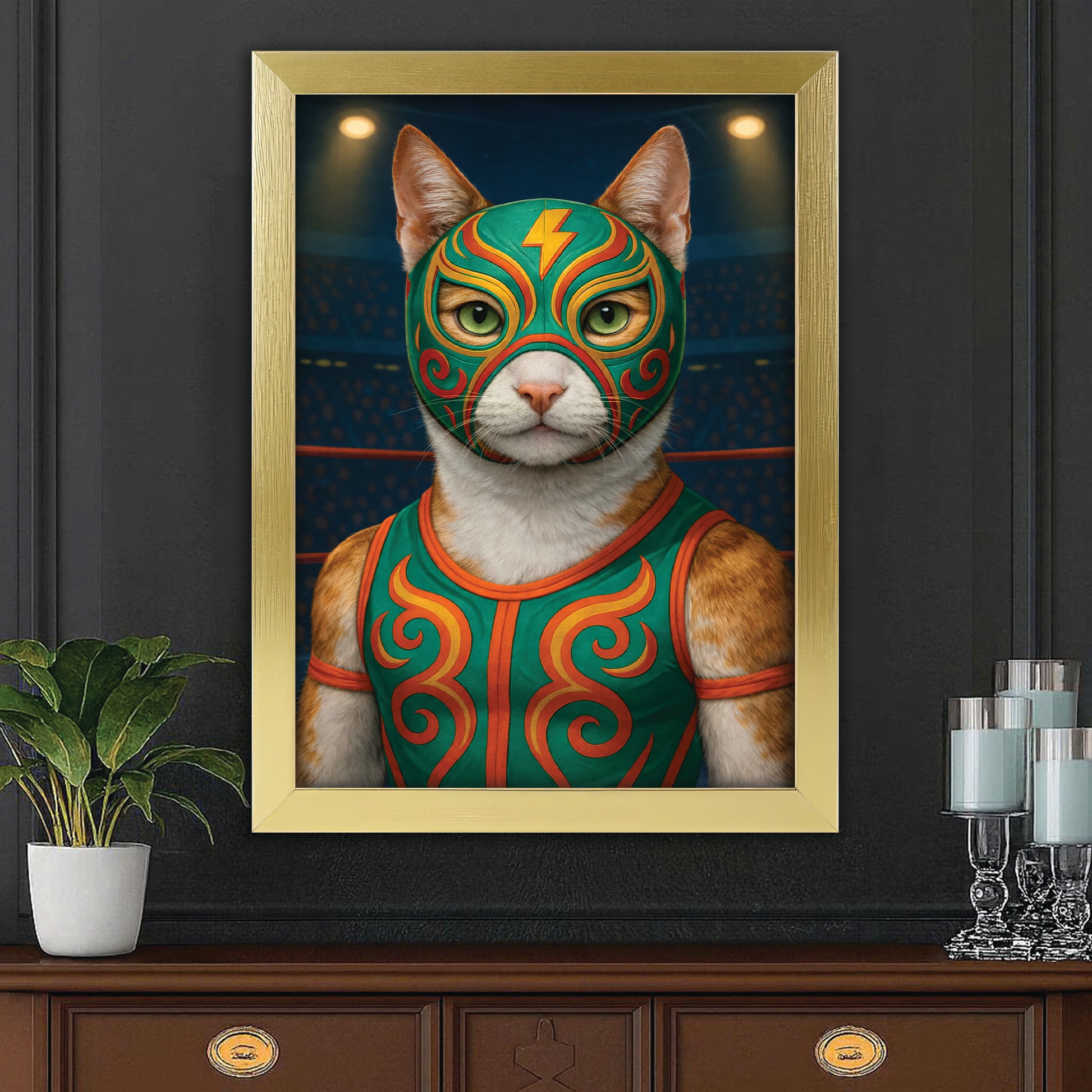 Custom Photo Lucha Libre Wrestler Mask Cat Canvas Framed Wall Art Gift For Cat Lovers