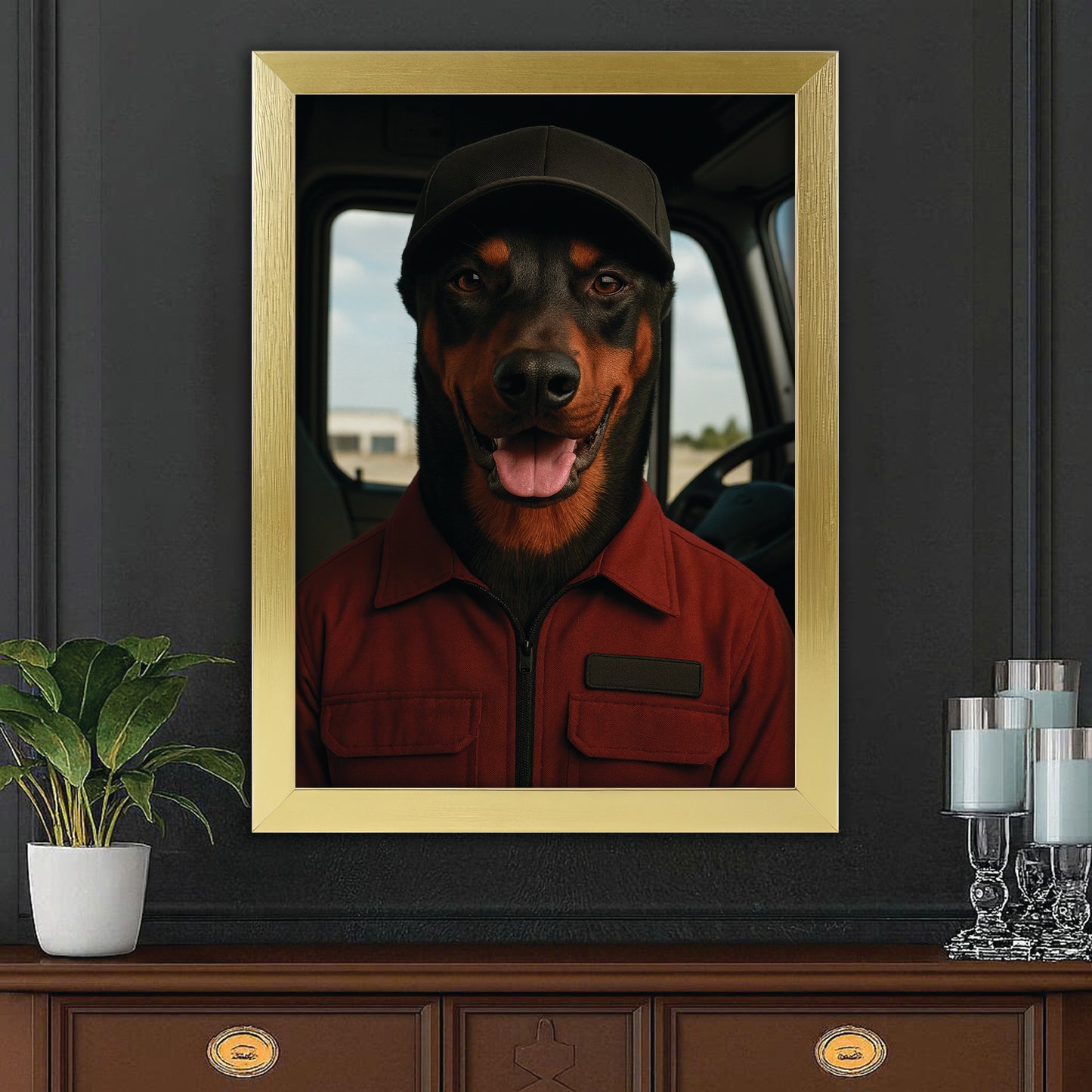 Custom Photo Trucker Driver Dog Canvas Framed Wall Art Gift For Dog Lovers