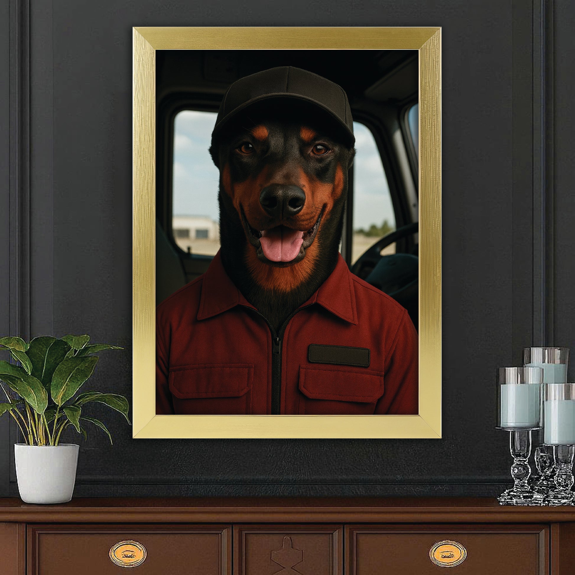 Custom Photo Trucker Driver Dog Canvas Framed Wall Art Gift For Dog Lovers