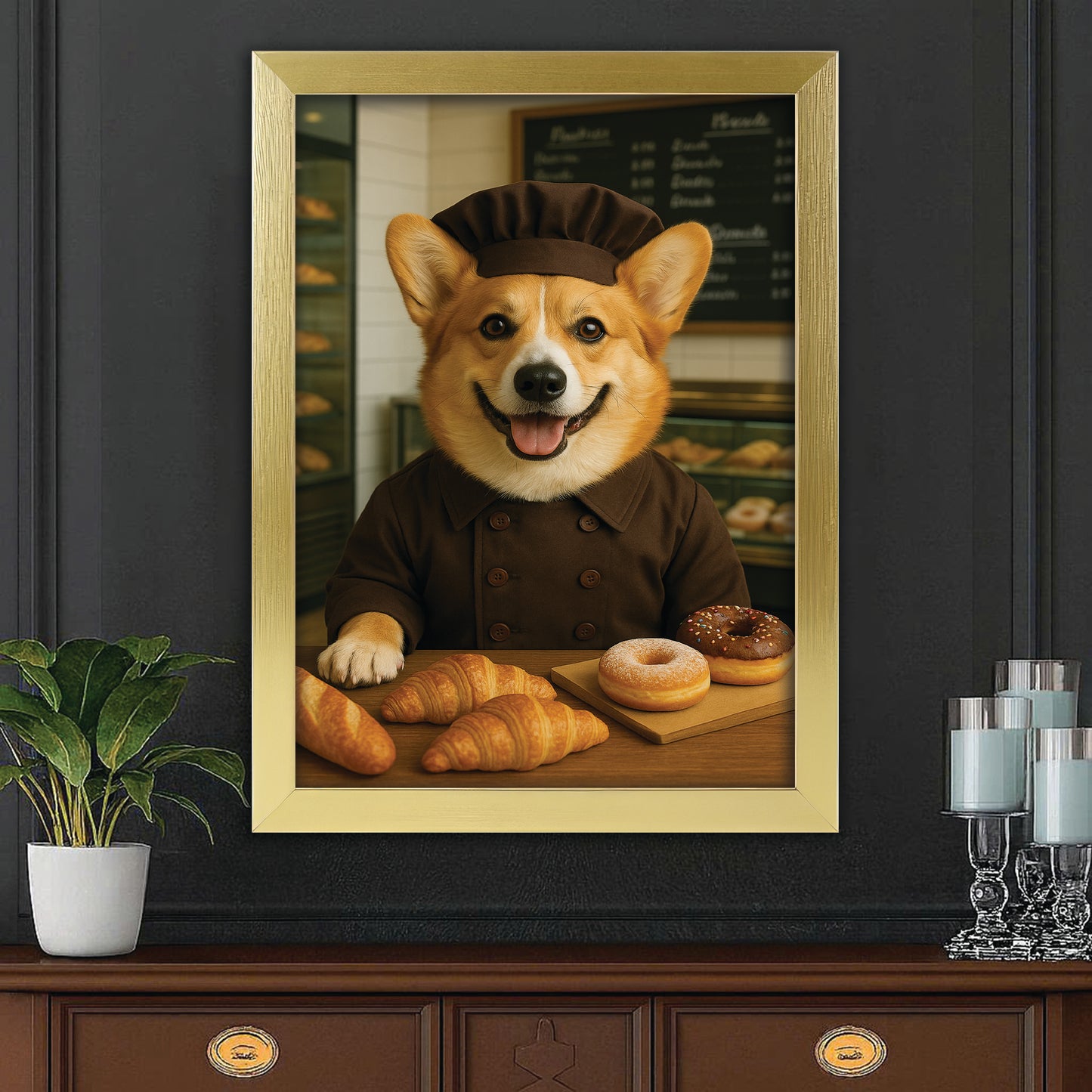 Custom Photo Baker Corgi Dog Canvas Framed Wall Art Gift For Dog Lovers