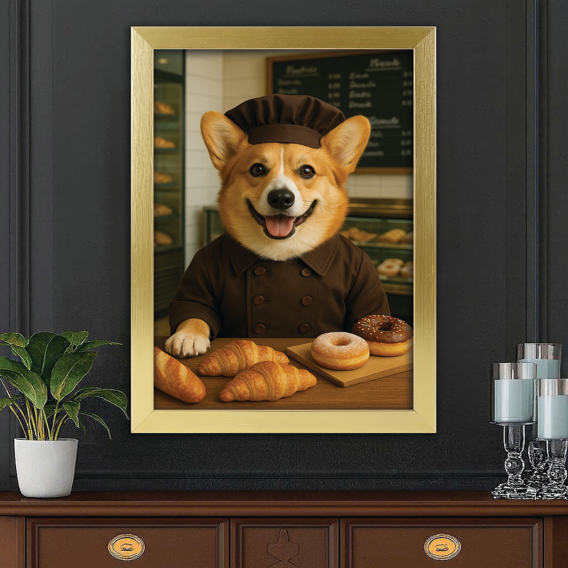 Custom Photo Baker Corgi Dog Canvas Framed Wall Art Gift For Dog Lovers