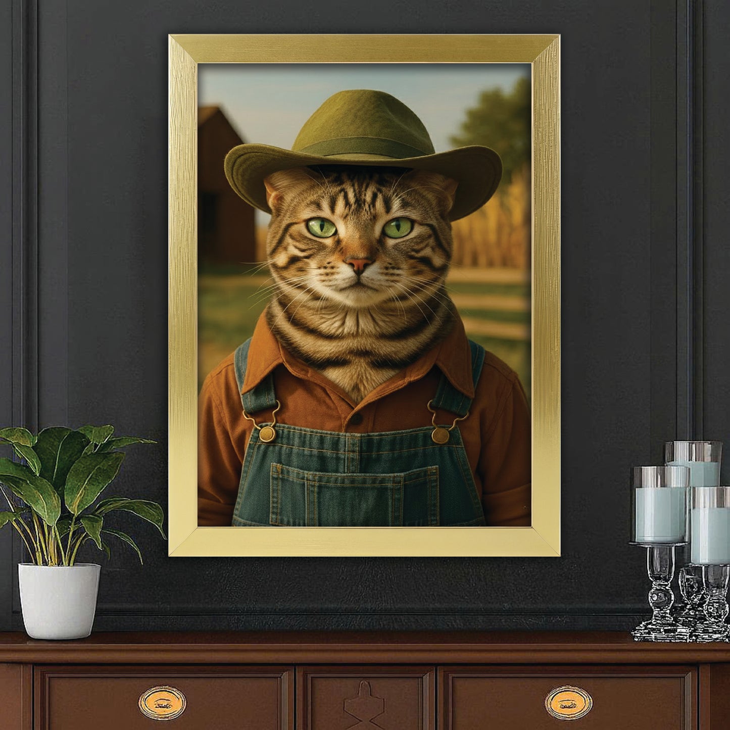 Custom Photo Farmer Farmhouse Cat Canvas Framed Wall Art 