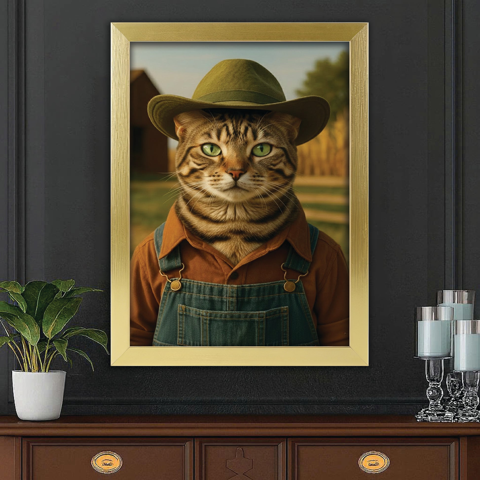 Custom Photo Farmer Farmhouse Cat Canvas Framed Wall Art 