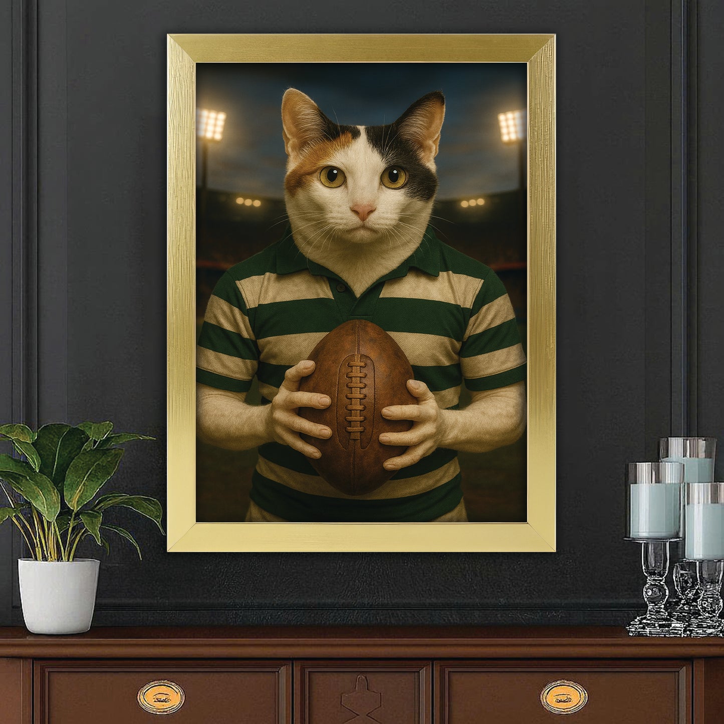 Custom Photo Rugby Player Cat Canvas Framed Wall Art Gift For Cat Lover