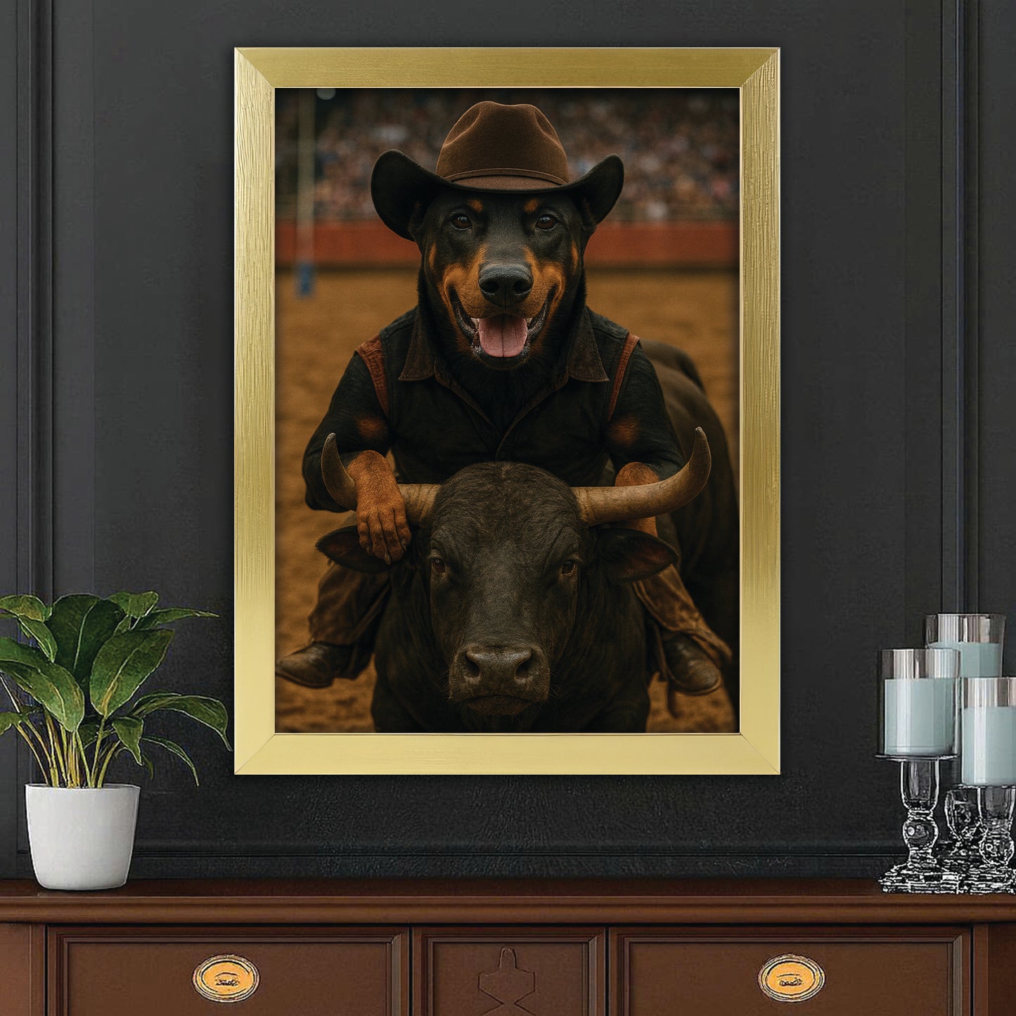 Custom Photo Bull Rider Cowboy Dog Canvas Framed Wall Art Gift For Dog Lovers