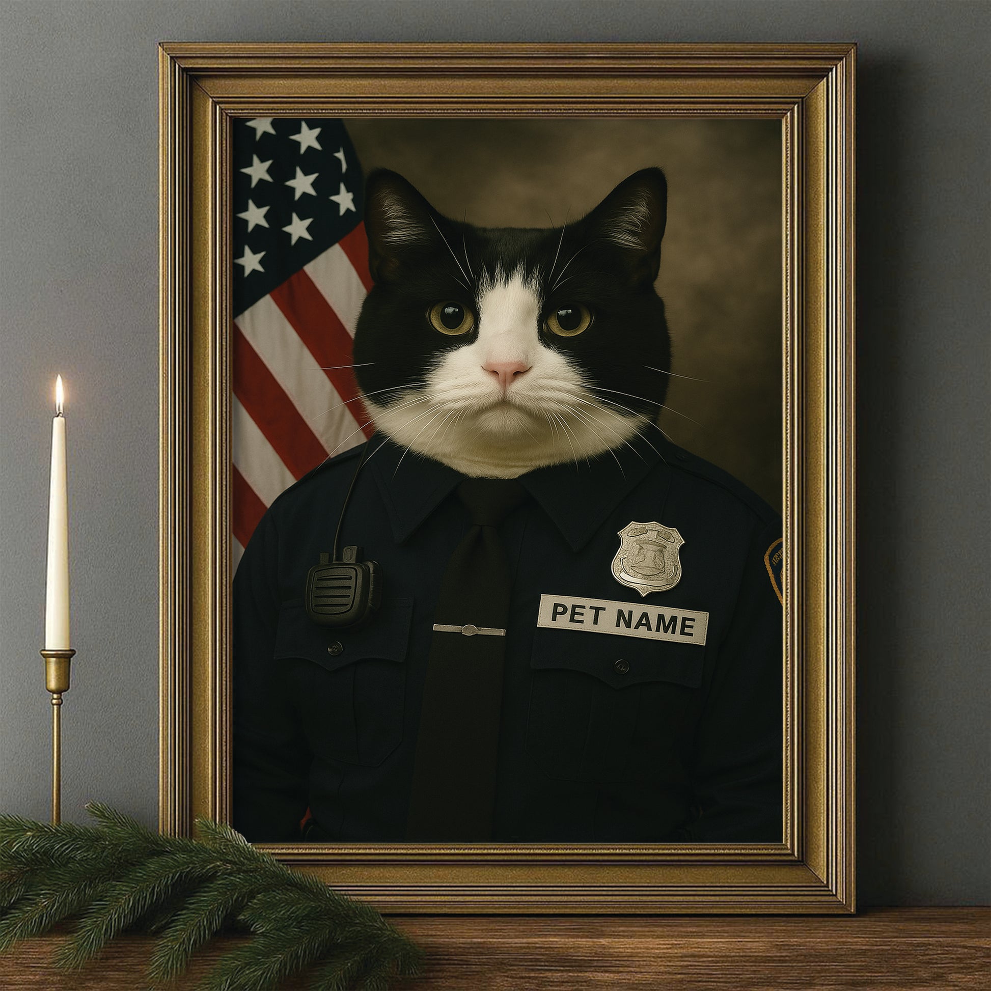Custom Cat Photo Policeman Canvas Framed Wall Art _ Gift For Cat Lovers