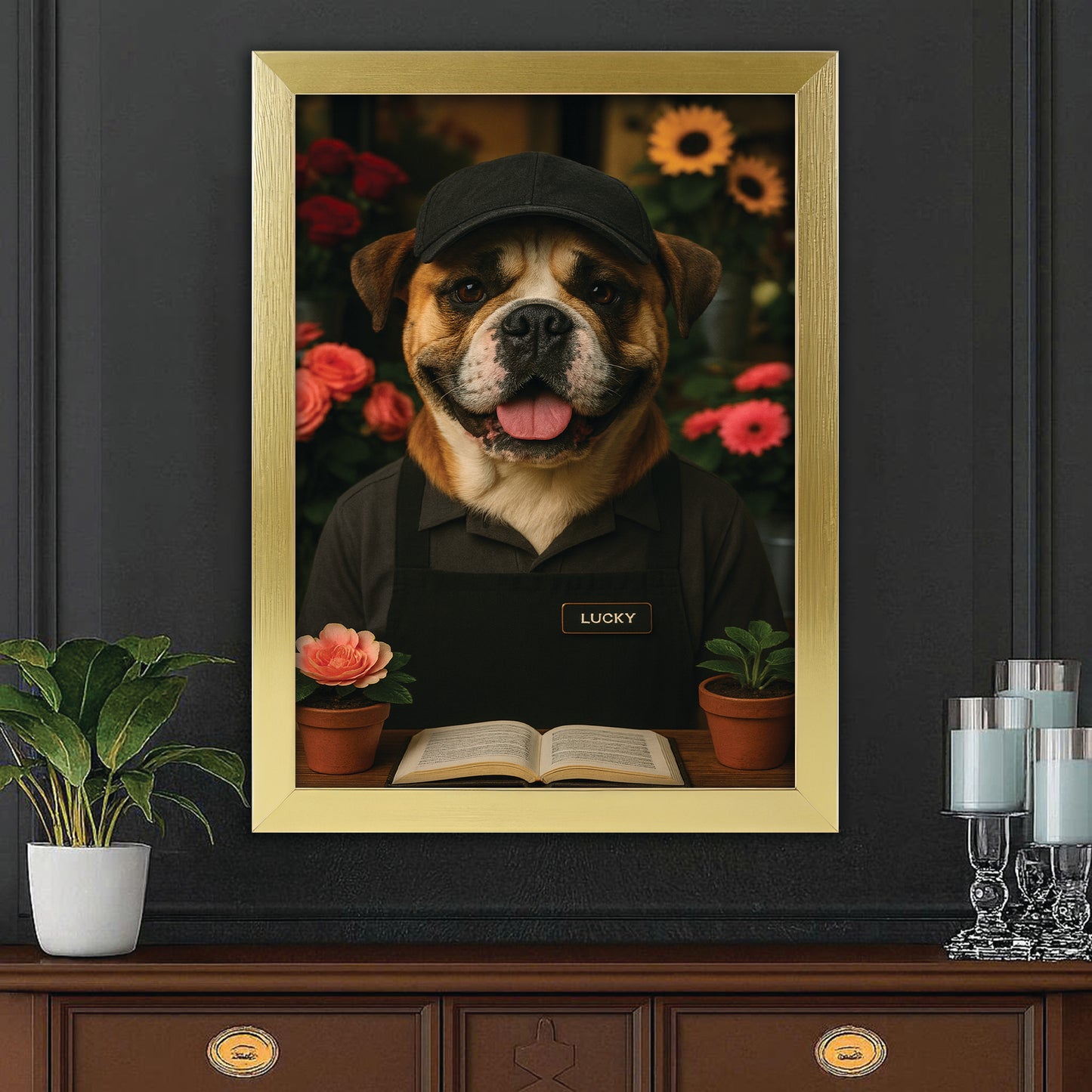 Custom Photo Flower Shop Florist Dog Canvas Framed Wall Art Gift For Dog Lovers
