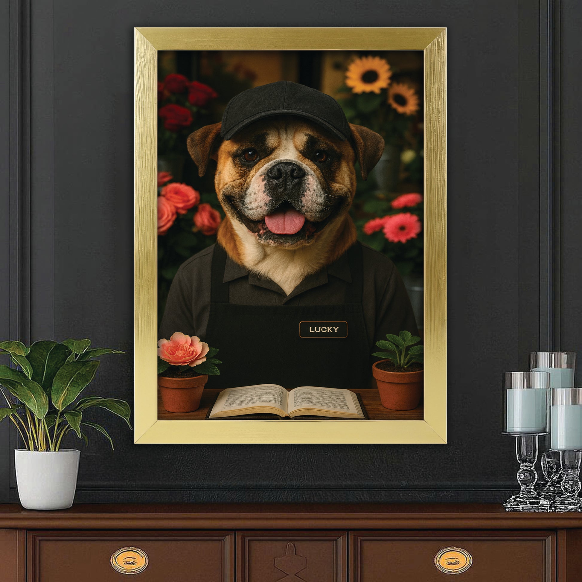 Custom Photo Flower Shop Florist Dog Canvas Framed Wall Art Gift For Dog Lovers