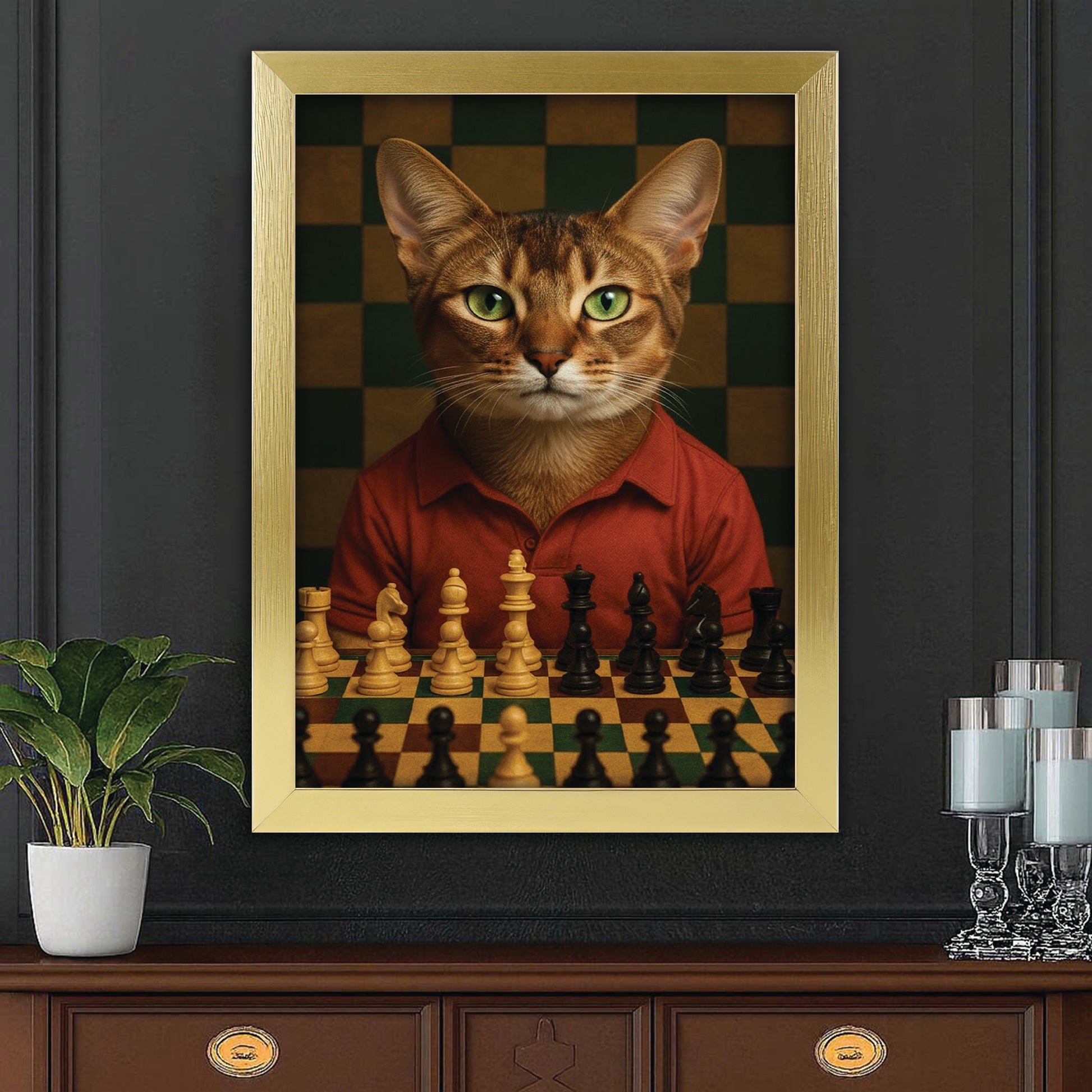 Custom Photo Chess Cat Canvas Framed Wall Art Gift For Cat Lovers