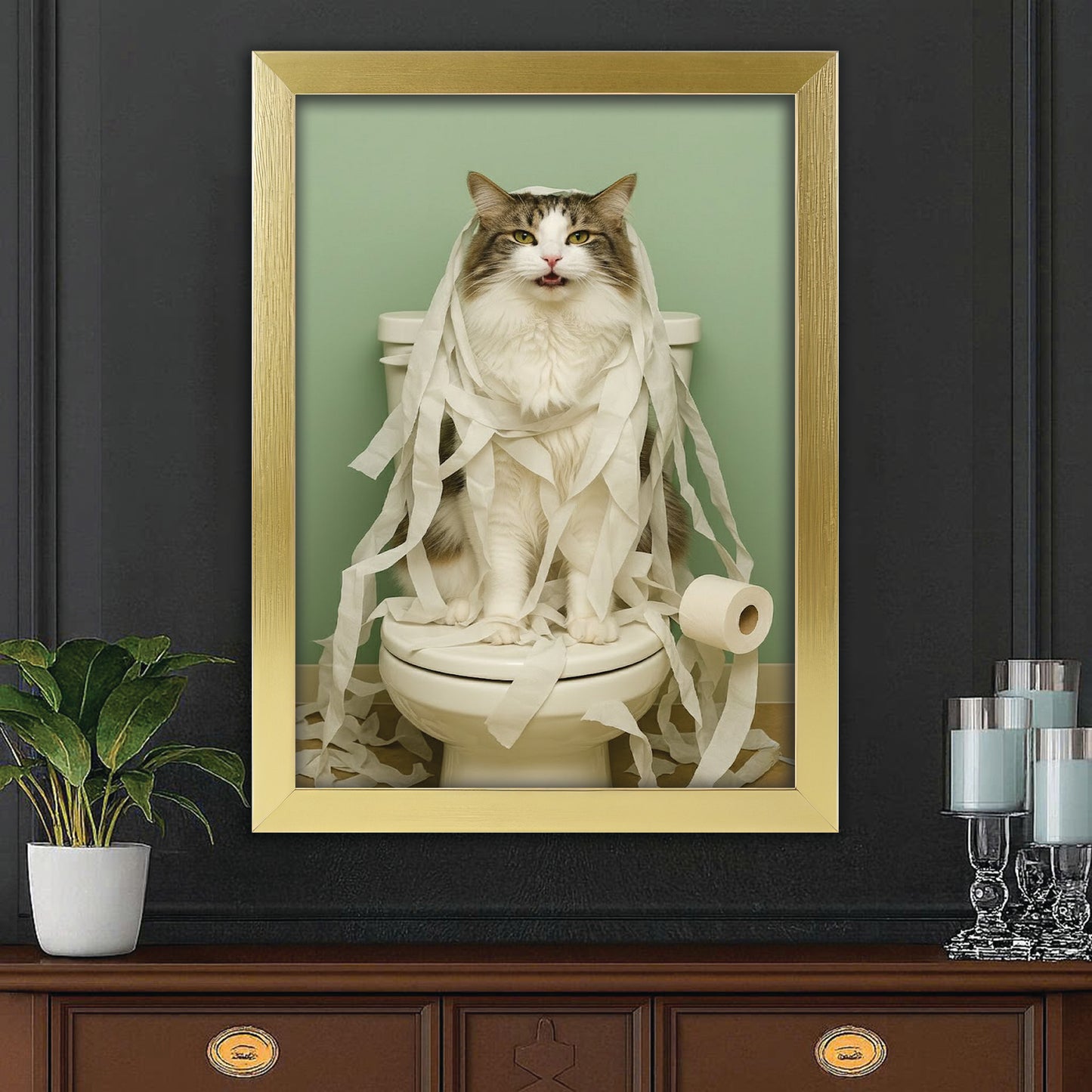Custom Photo Cat Bathroom Style 26 Canvas Framed Wall Art Gift For Cat Lovers