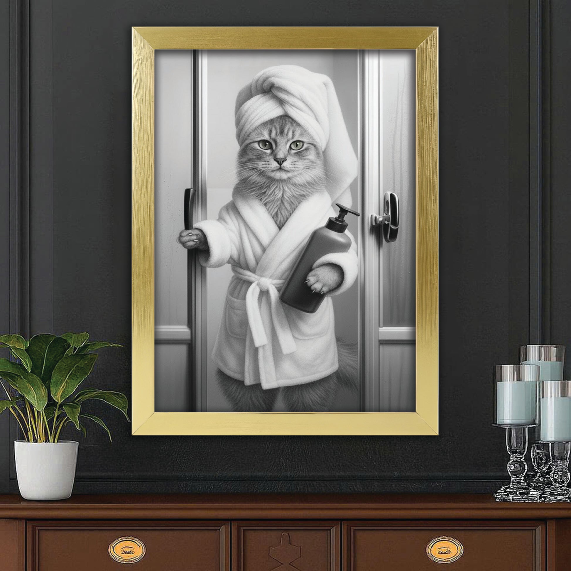 Custom Photo Cat Bathrobe Bathroom Canvas Framed Wall Art Gift For Cat Lovers