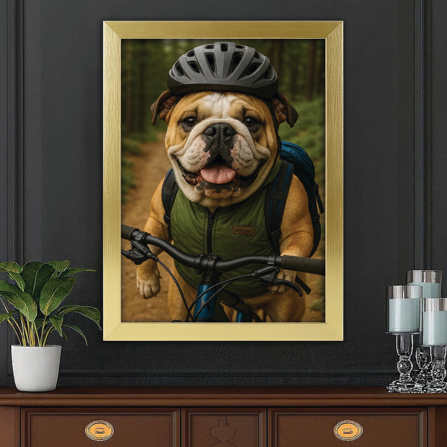 Custom Photo Mountain Biker Dog Canvas Framed Wall Art Gift For Dog Lovers