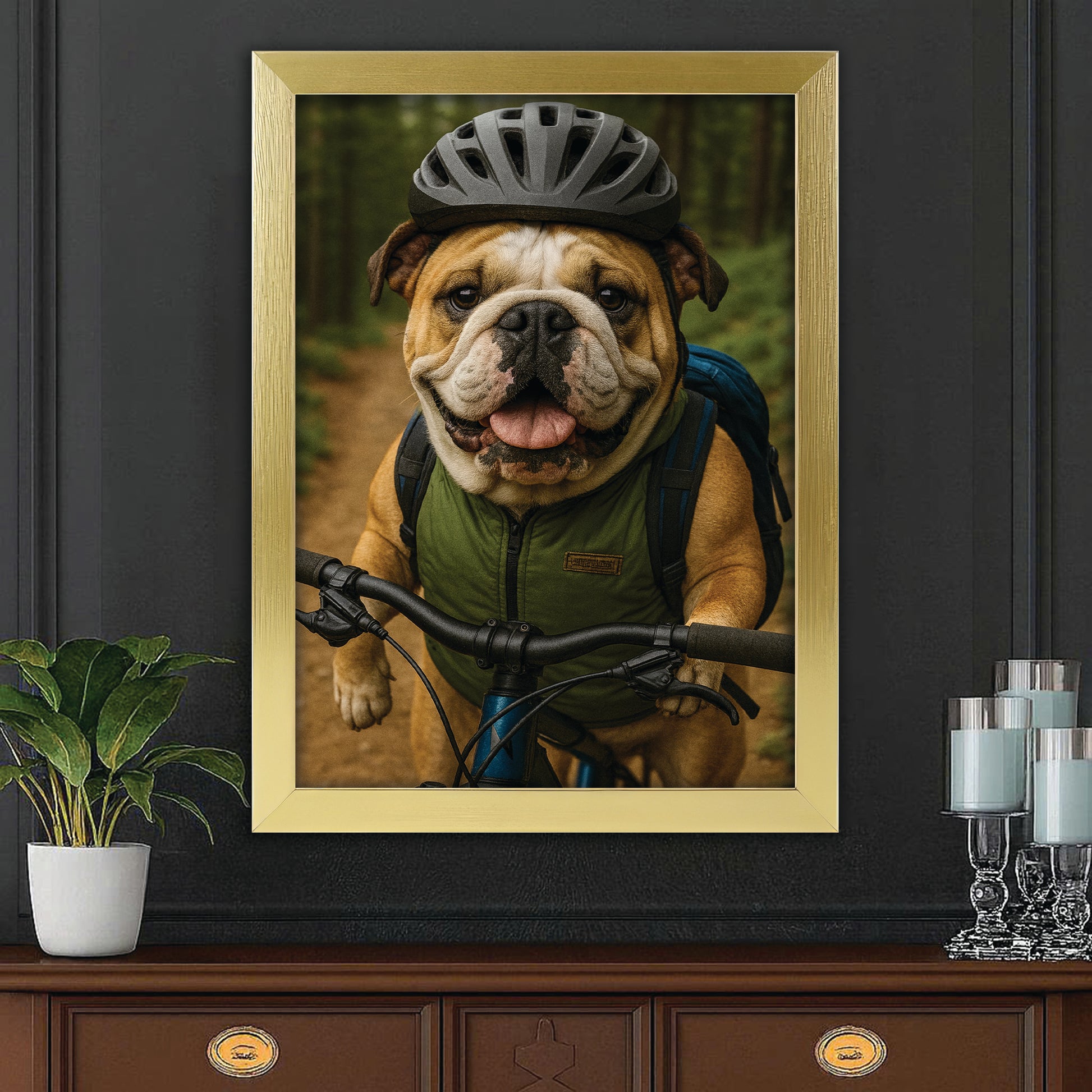 Custom Photo Mountain Biker Dog Canvas Framed Wall Art Gift For Dog Lovers