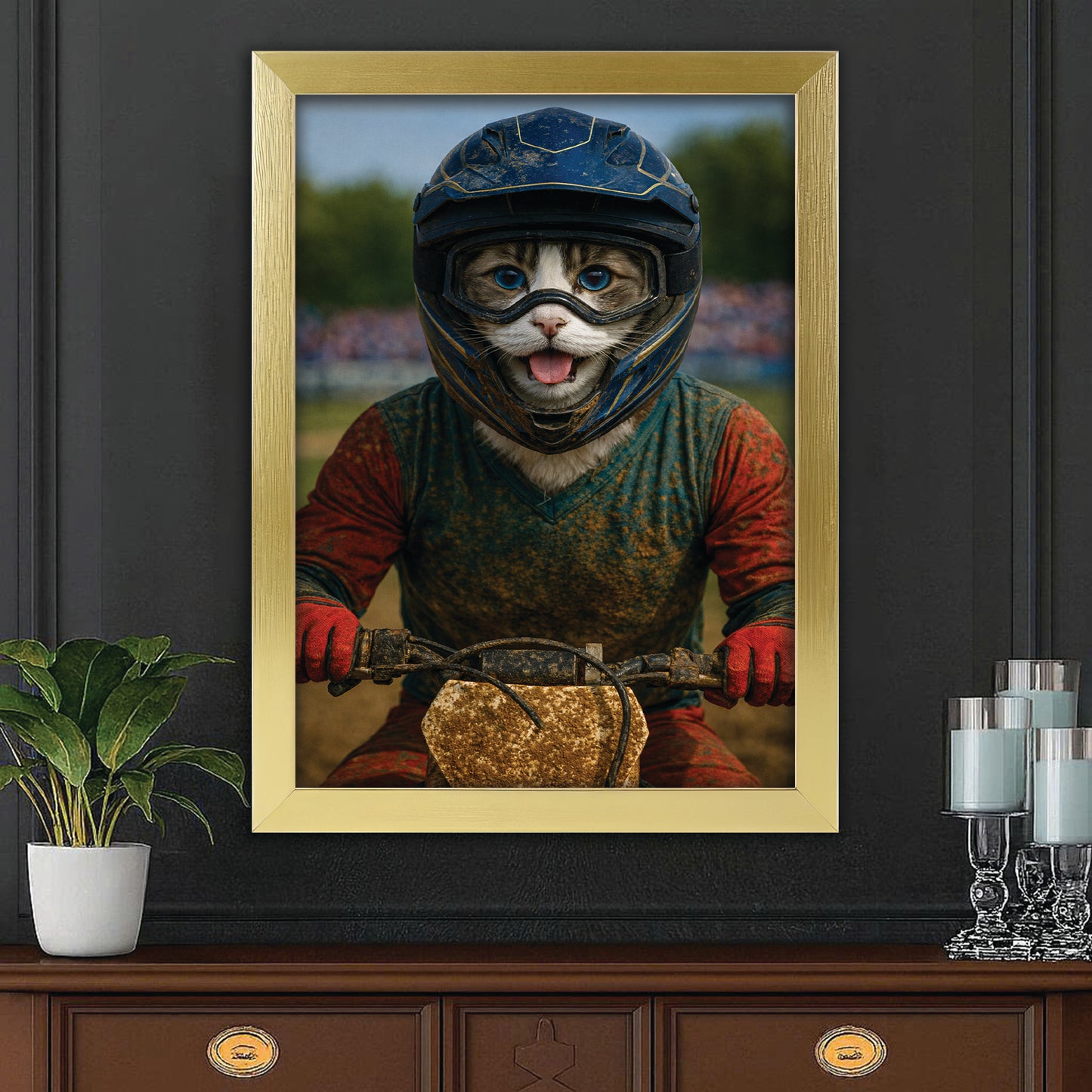 Custom Photo Dirt Bike Cat Canvas Framed Wall Art  Gift For Cat Lovers