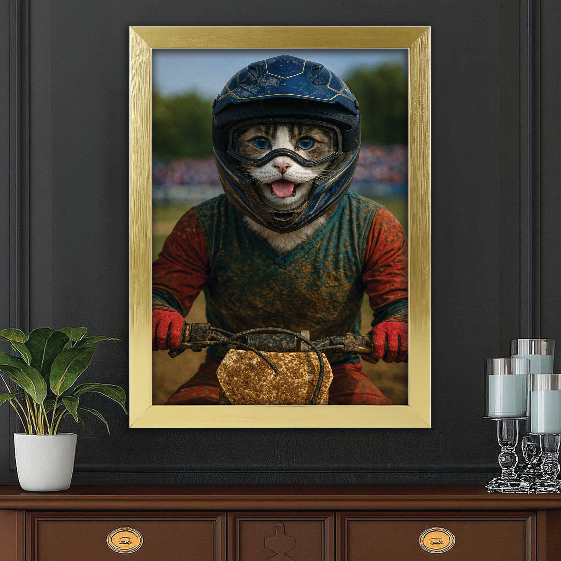 Custom Photo Dirt Bike Cat Canvas Framed Wall Art  Gift For Cat Lovers