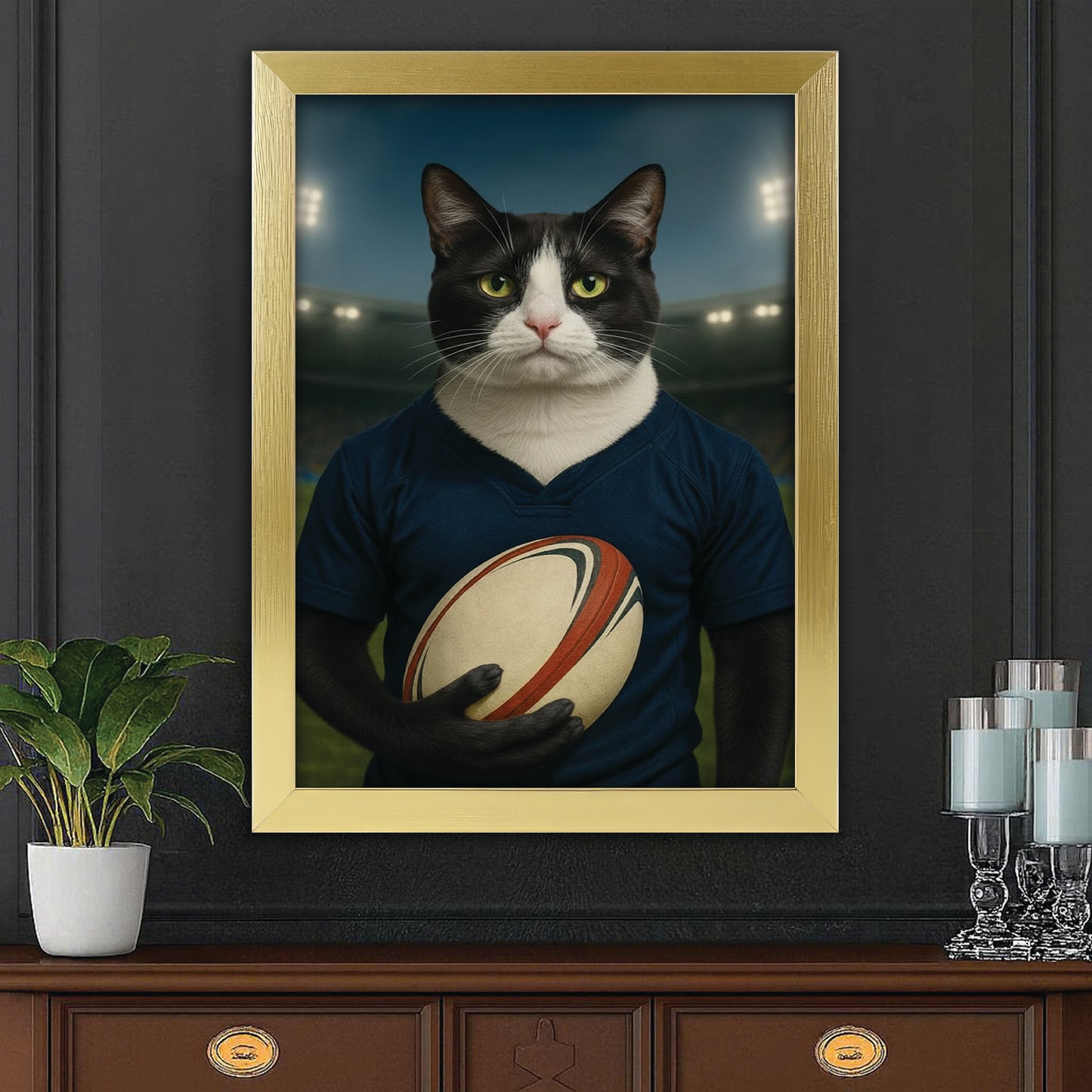 Custom Cat Rugby Sport Cat Canvas Framed Wall Art Gift For Cat Lovers