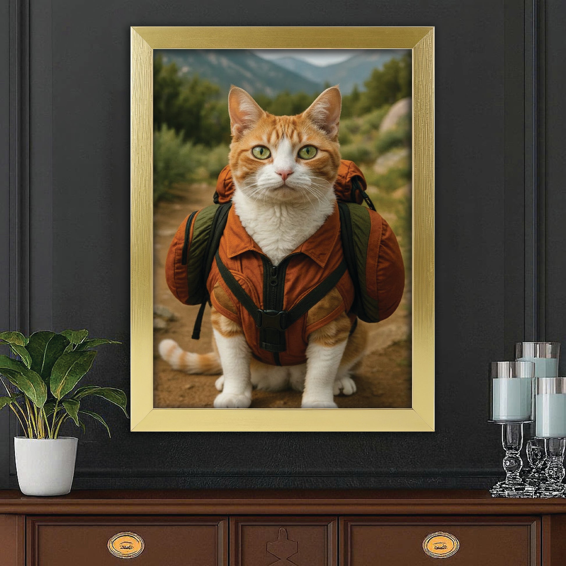 Custom Photo Backpacking Hiking Cat Canvas Framed Wall Art Gift For Cat Lovers