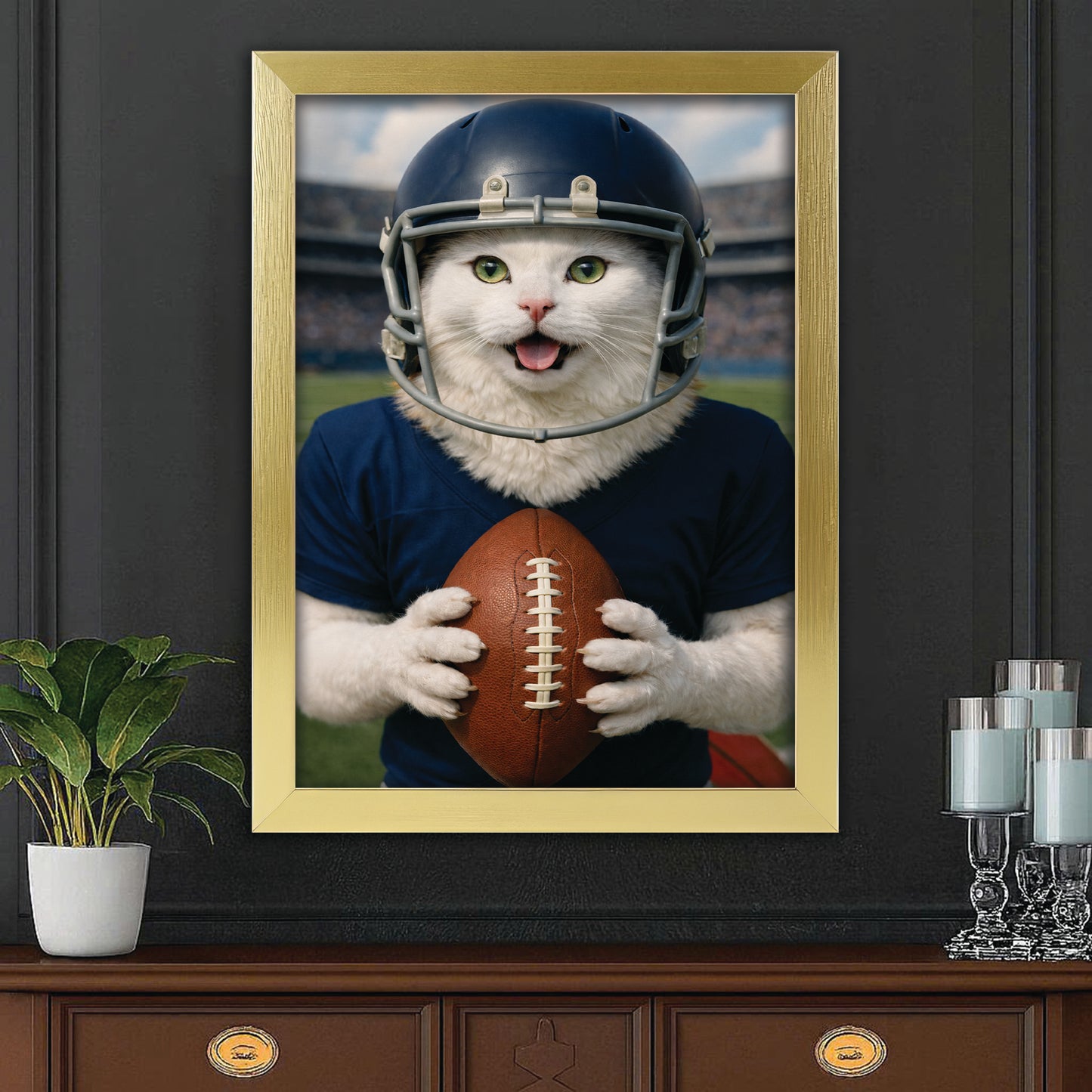 Custom Photo Footaball Cat Canvas Framed Wall Art  Gift For Cat Lovers
