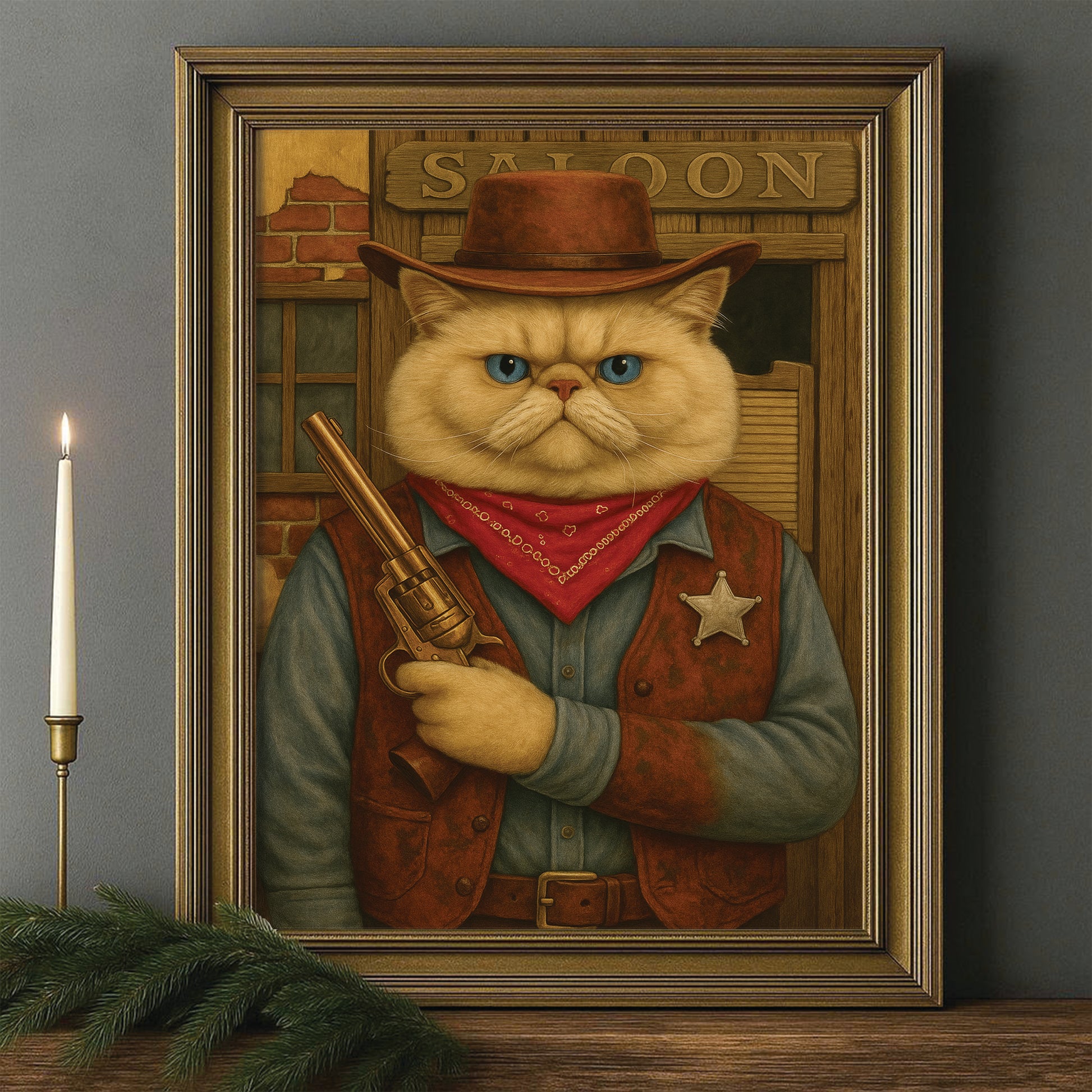 Custom Photo Cat Cowboy Canvas Framed Wall Art