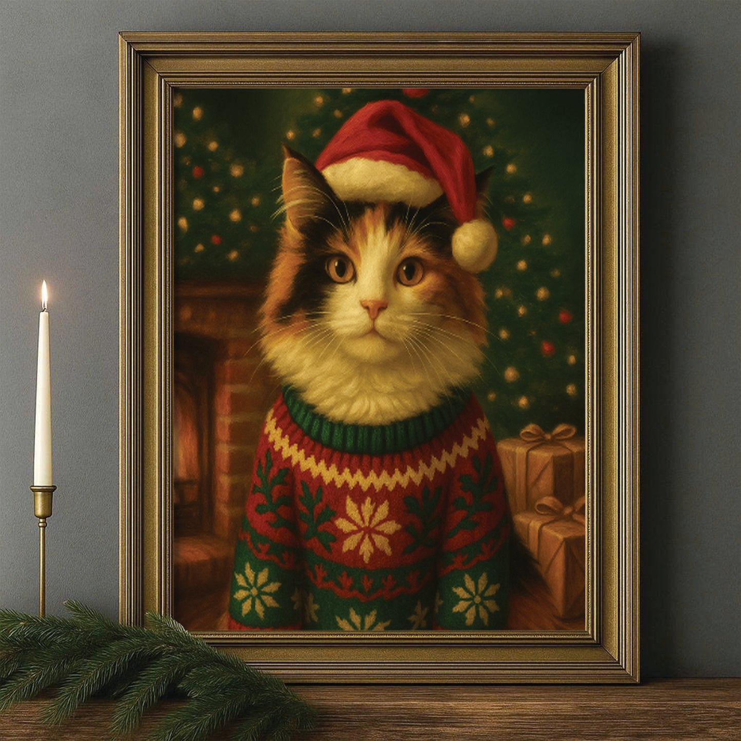 Custom Photo Cat Christmas Oufit Canvas Framed Wall Art