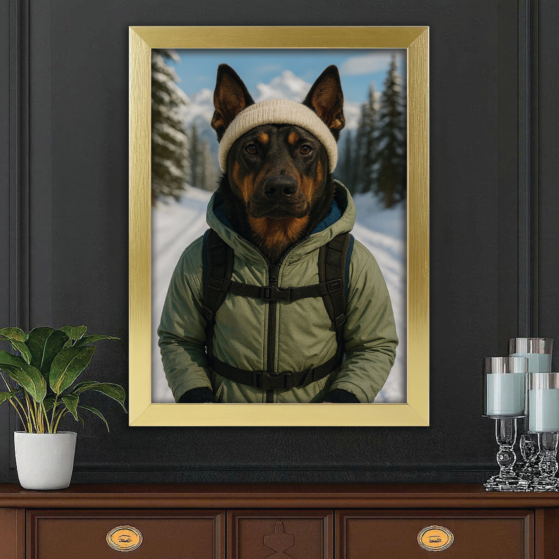 Custom Photo Winter Hiker Dog Canvas Framed Wall Art Gift For Dog Lovers