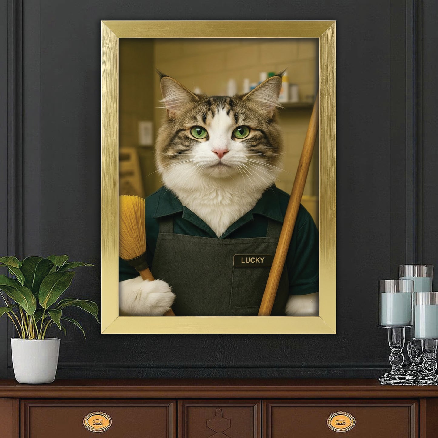 Custom Photo Janitor Cat Canvas Framed Wall Art  Gift For Cat Lovers
