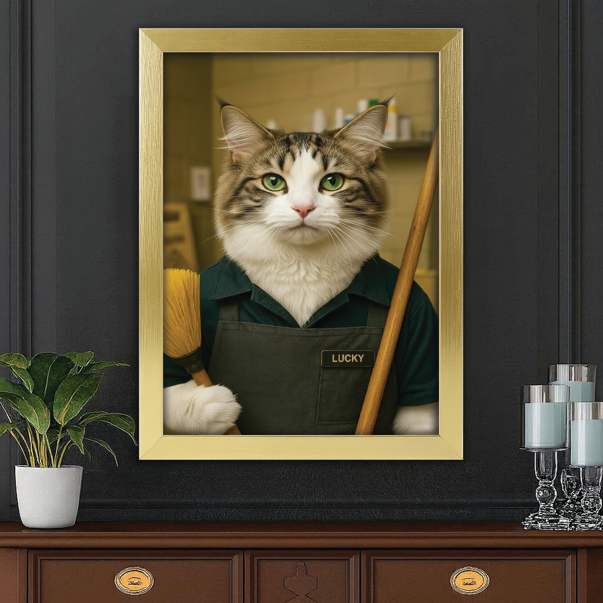 Custom Photo Janitor Cat Canvas Framed Wall Art  Gift For Cat Lovers