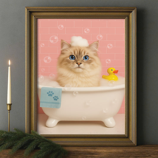 Custom Photo Cat In Bath Canvas Framed Wall Art Gift For Cat Lovers