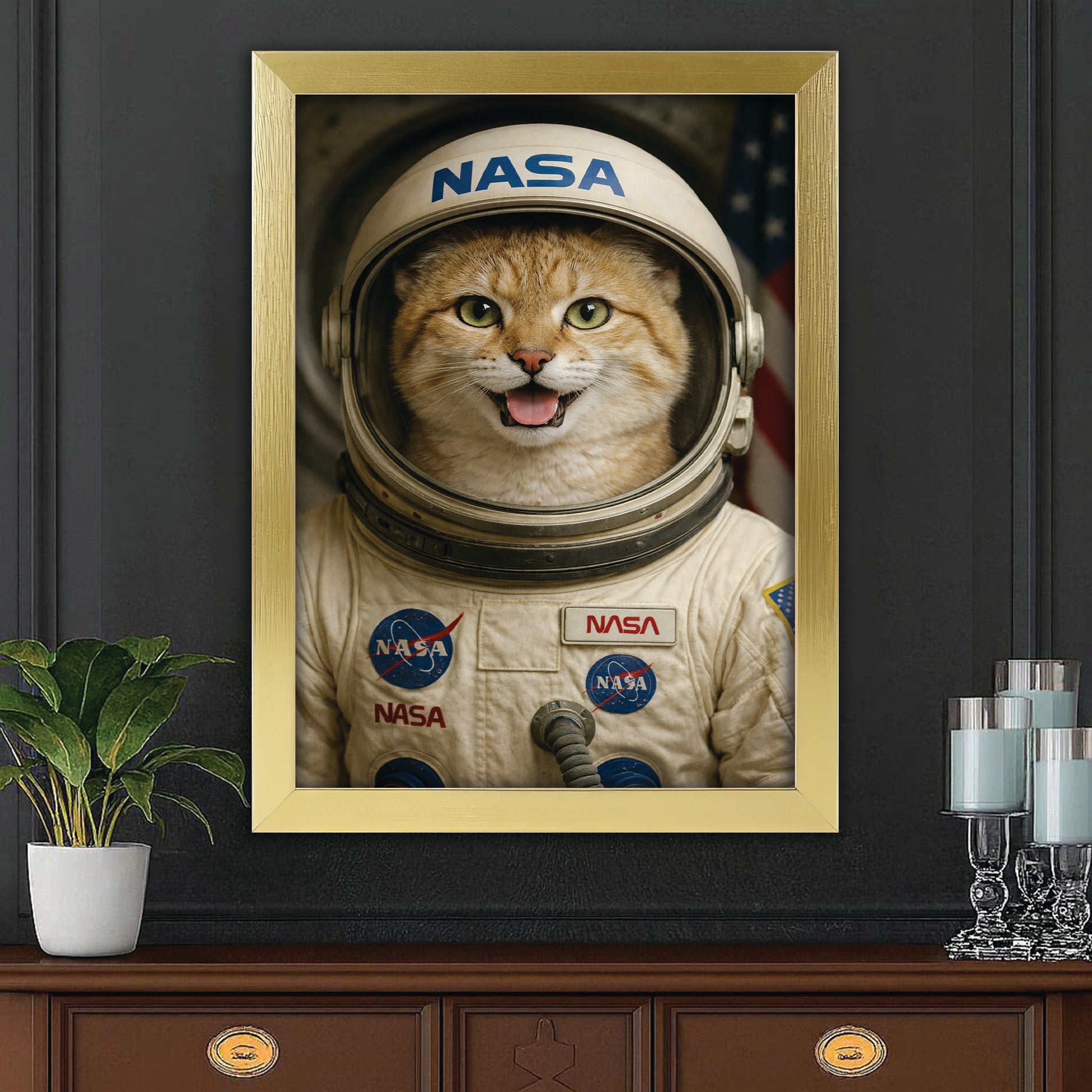 Custom Photo Astronaut Cat Canvas Framed Wall Art Gift For Cat Lovers