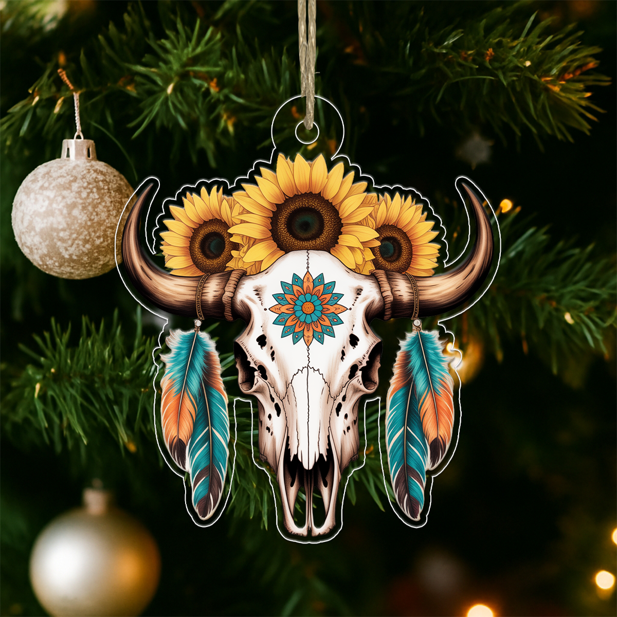 Personalized Bull Skull And Sunflower Acrylic Ornament Christmas Gift